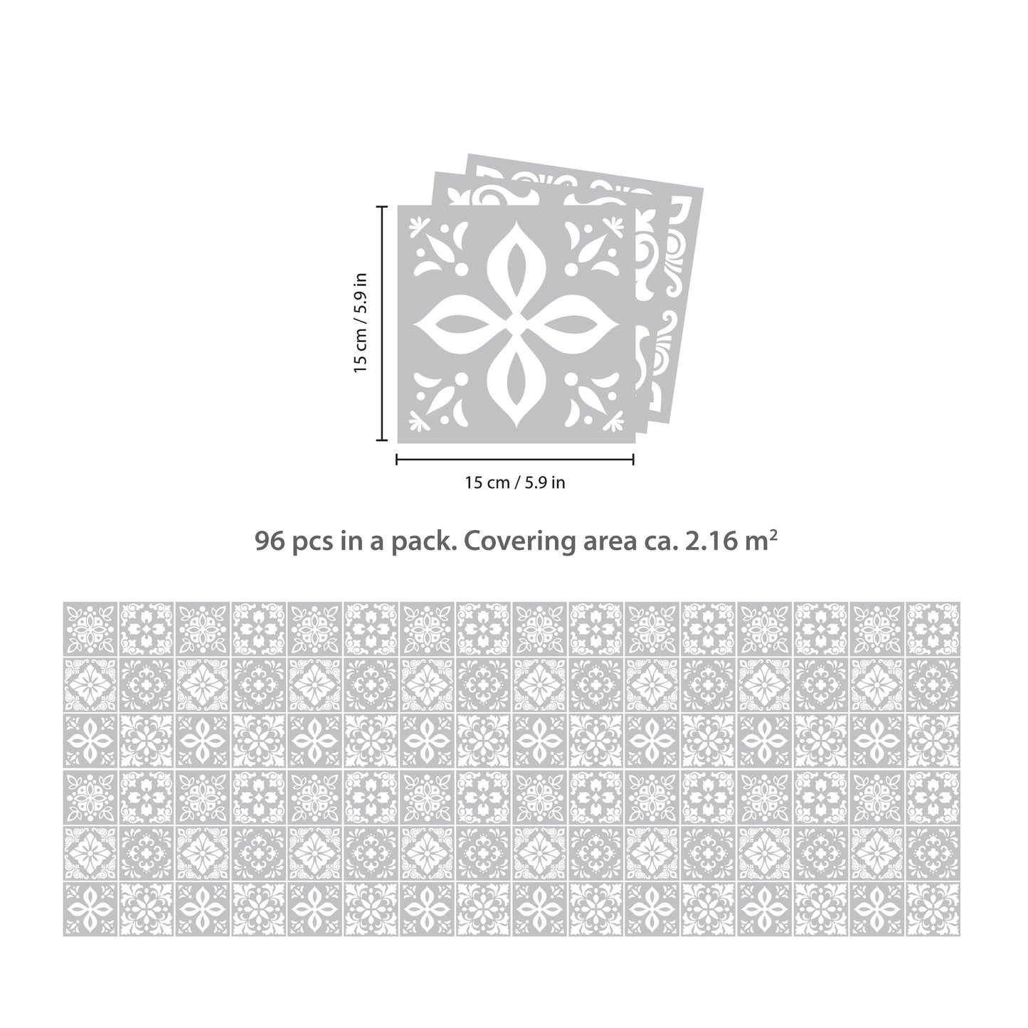 WT1556 - Andalu Light Grey Cement Spanish Wall Tile Sticker Set - 15 cm x 15 cm - 24 pcs