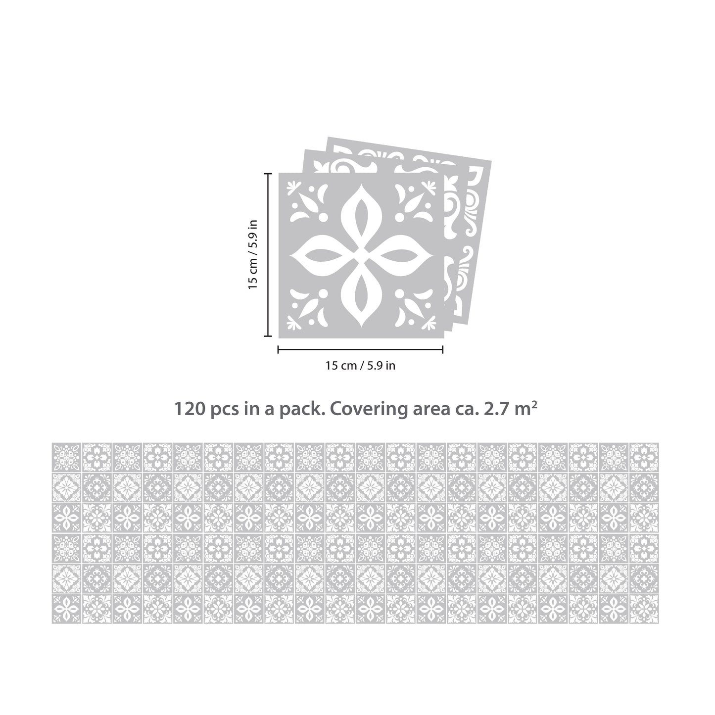 WT1556 - Andalu Light Grey Cement Spanish Wall Tile Sticker Set - 15 cm x 15 cm - 24 pcs