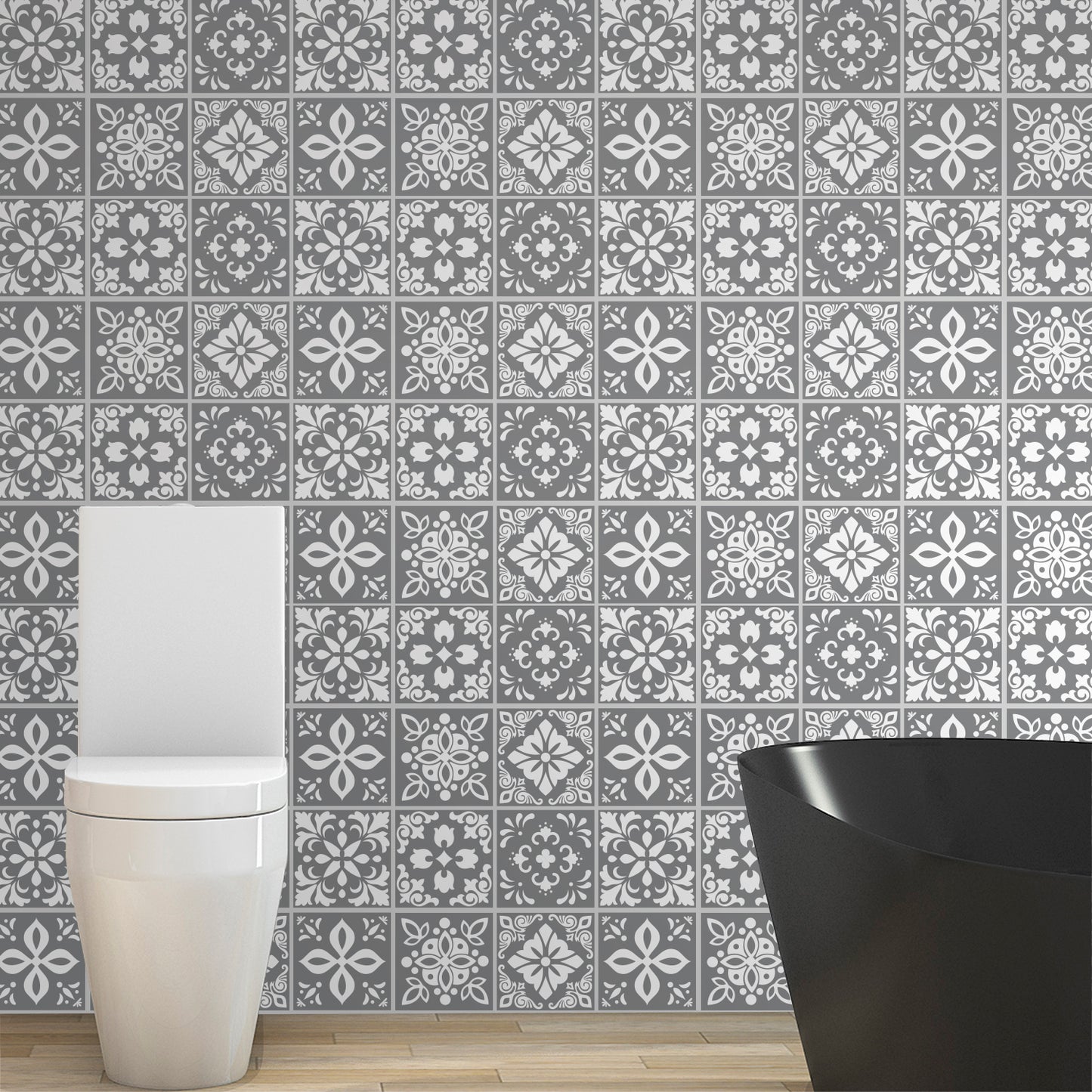 WT1557 - Banc's Dark Grey Cement Spanish Wall Tile Sticker Set - 15 cm x 15 cm - 24 pcs