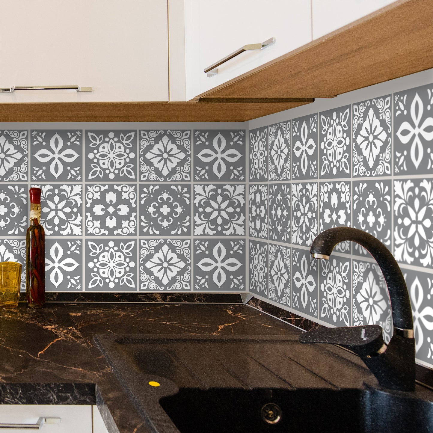 WT1557 - Banc's Dark Grey Cement Spanish Wall Tile Sticker Set - 15 cm x 15 cm - 24 pcs