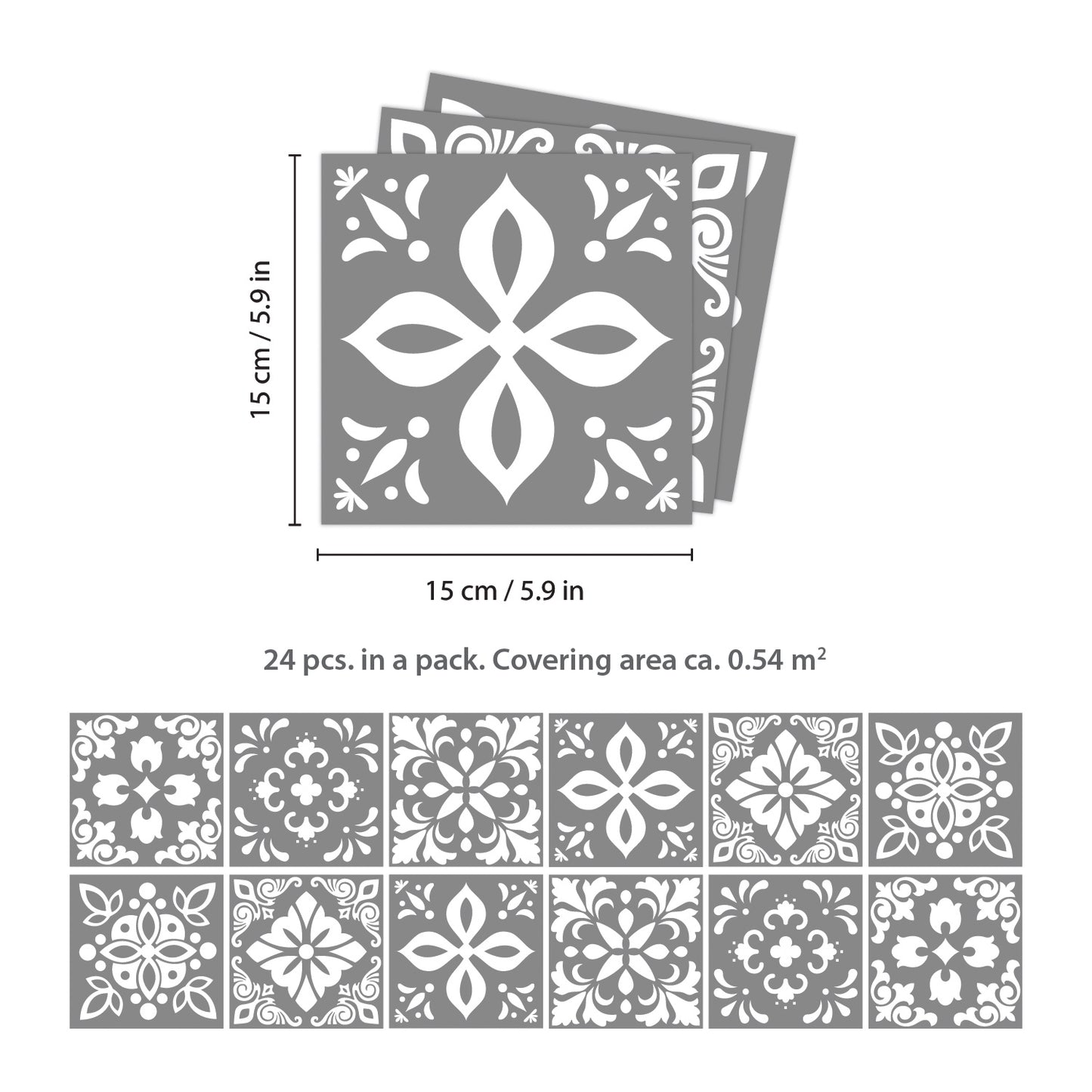 WT1557 - Banc's Dark Grey Cement Spanish Wall Tile Sticker Set - 15 cm x 15 cm - 24 pcs