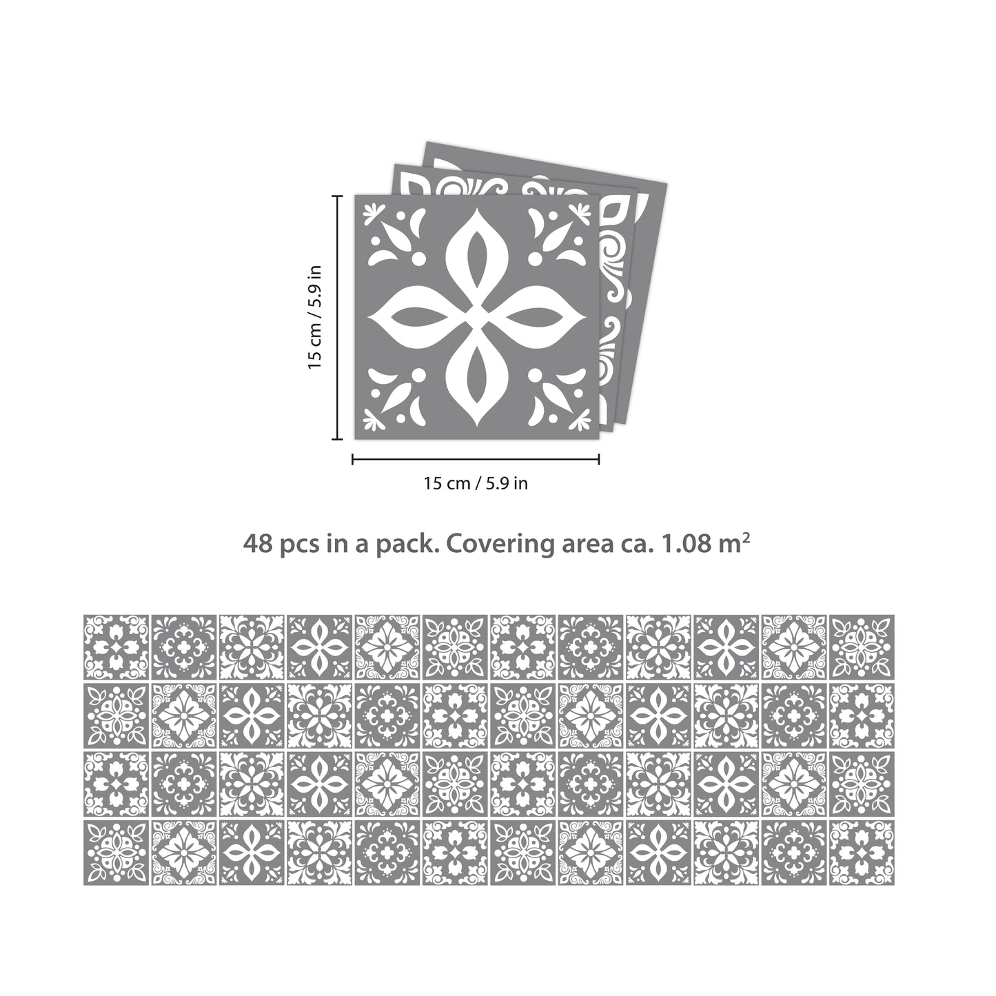 WT1557 - Banc's Dark Grey Cement Spanish Wall Tile Sticker Set - 15 cm x 15 cm - 24 pcs