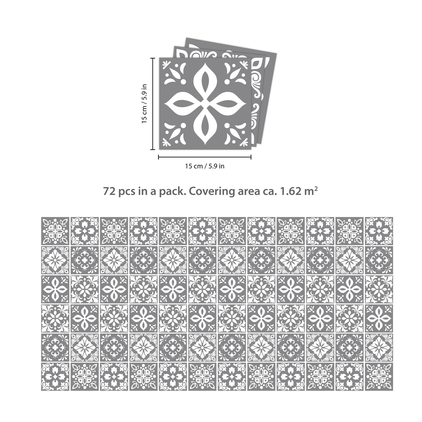 WT1557 - Banc's Dark Grey Cement Spanish Wall Tile Sticker Set - 15 cm x 15 cm - 24 pcs