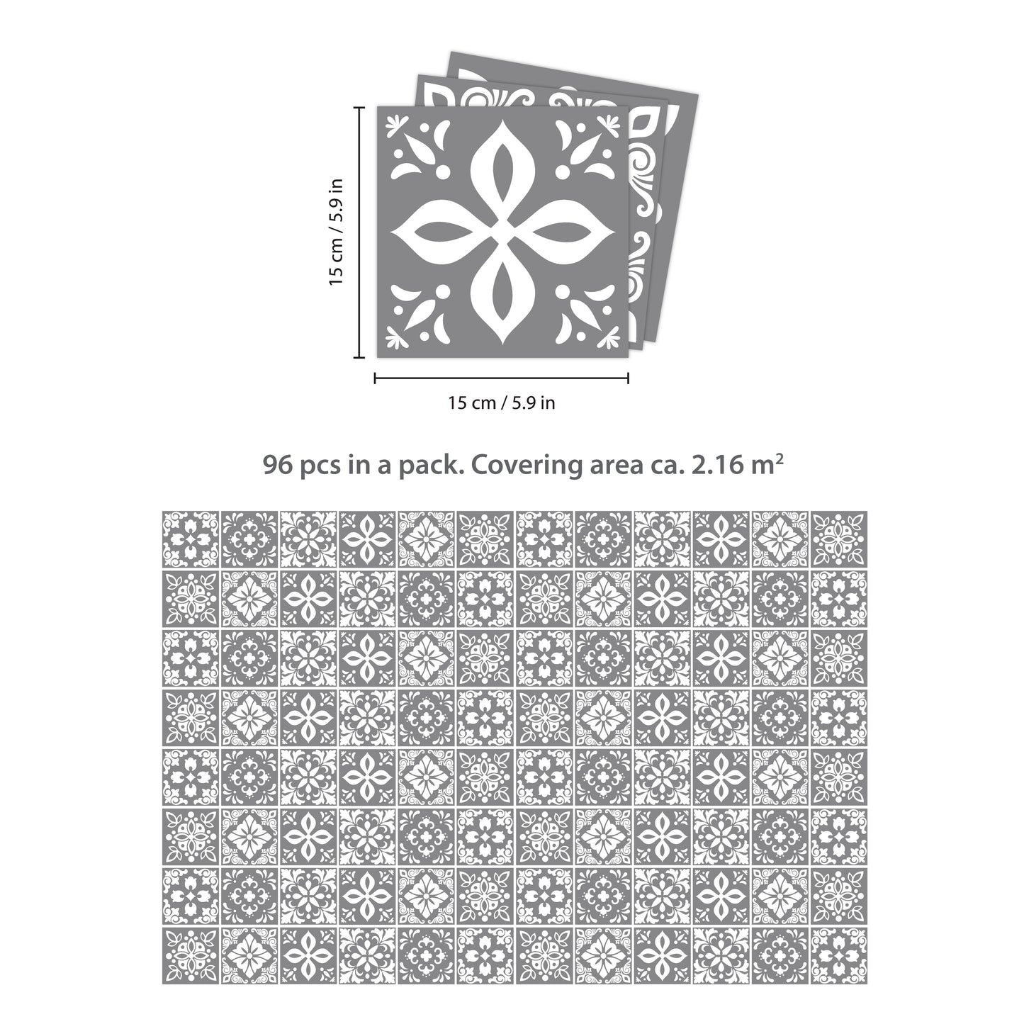 WT1557 - Banc's Dark Grey Cement Spanish Wall Tile Sticker Set - 15 cm x 15 cm - 24 pcs