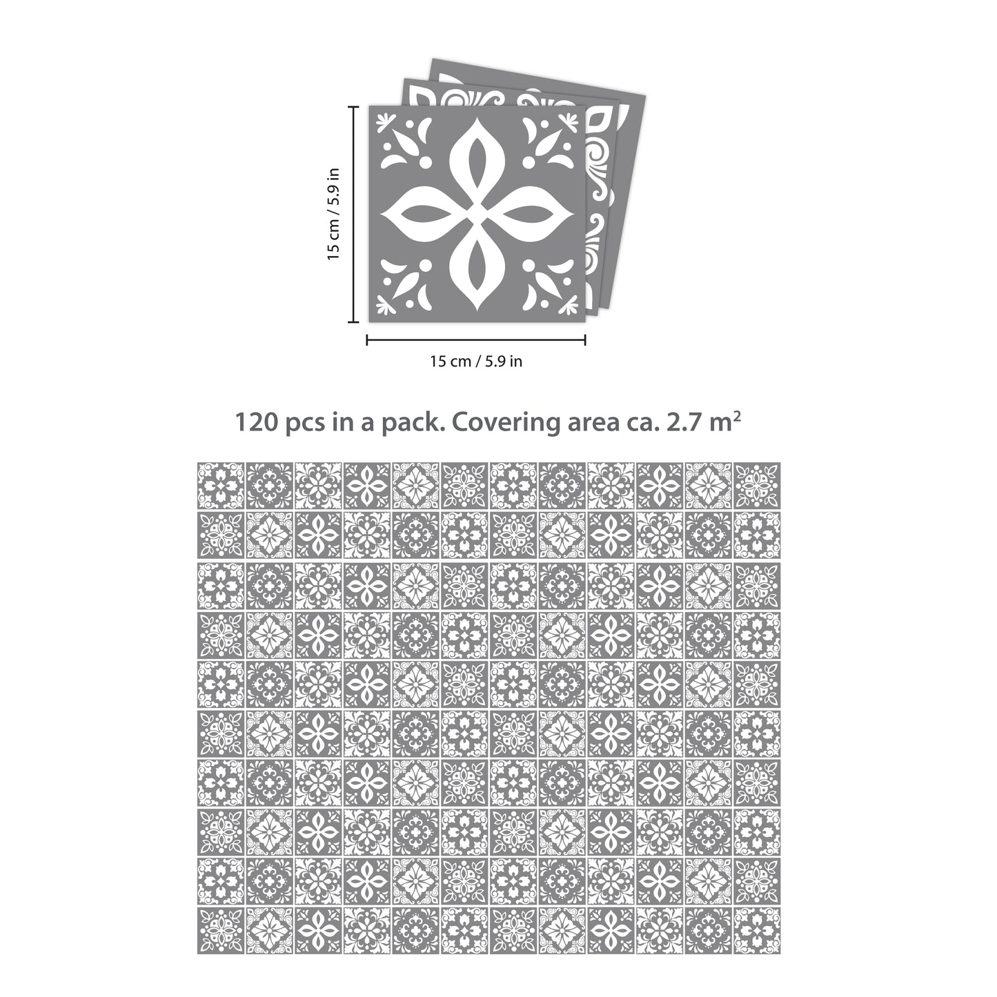 WT1557 - Banc's Dark Grey Cement Spanish Wall Tile Sticker Set - 15 cm x 15 cm - 24 pcs