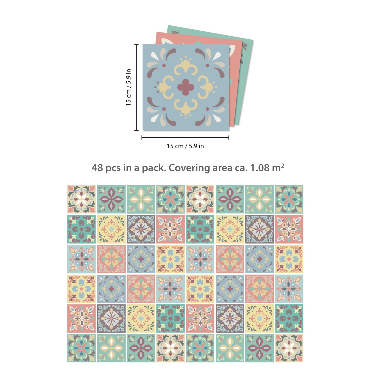 WT1558 - Marbella Colourful Spanish Wall Tile Sticker Set - 15 cm x 15 cm - 24 pcs