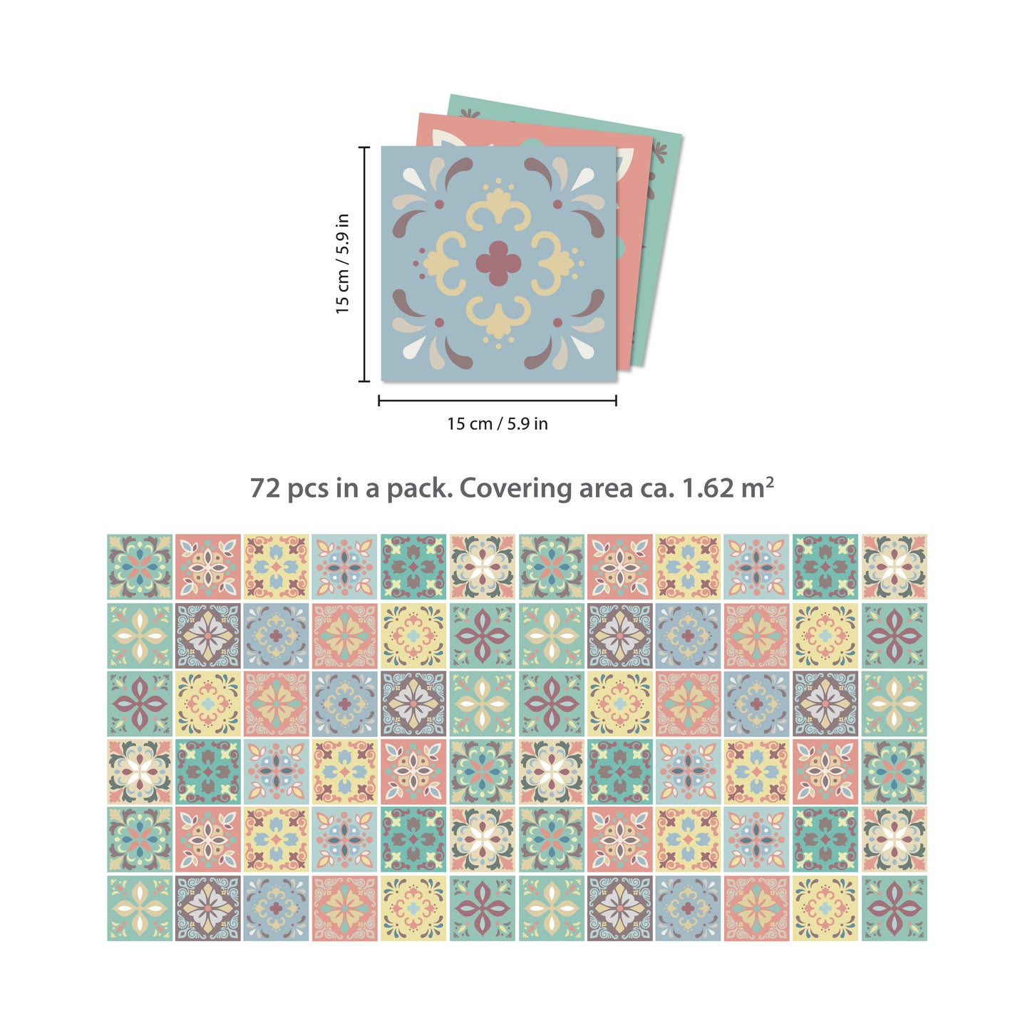 WT1558 - Marbella Colourful Spanish Wall Tile Sticker Set - 15 cm x 15 cm - 24 pcs