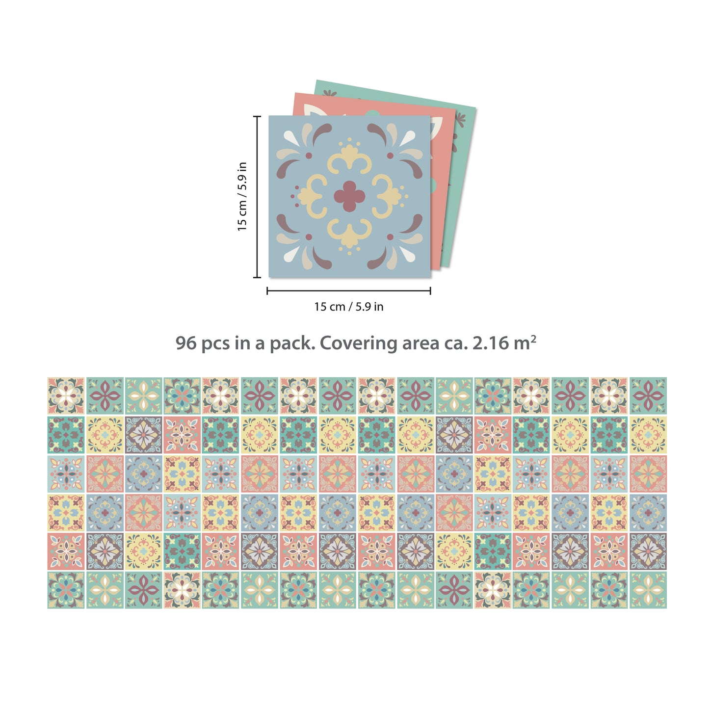 WT1558 - Marbella Colourful Spanish Wall Tile Sticker Set - 15 cm x 15 cm - 24 pcs