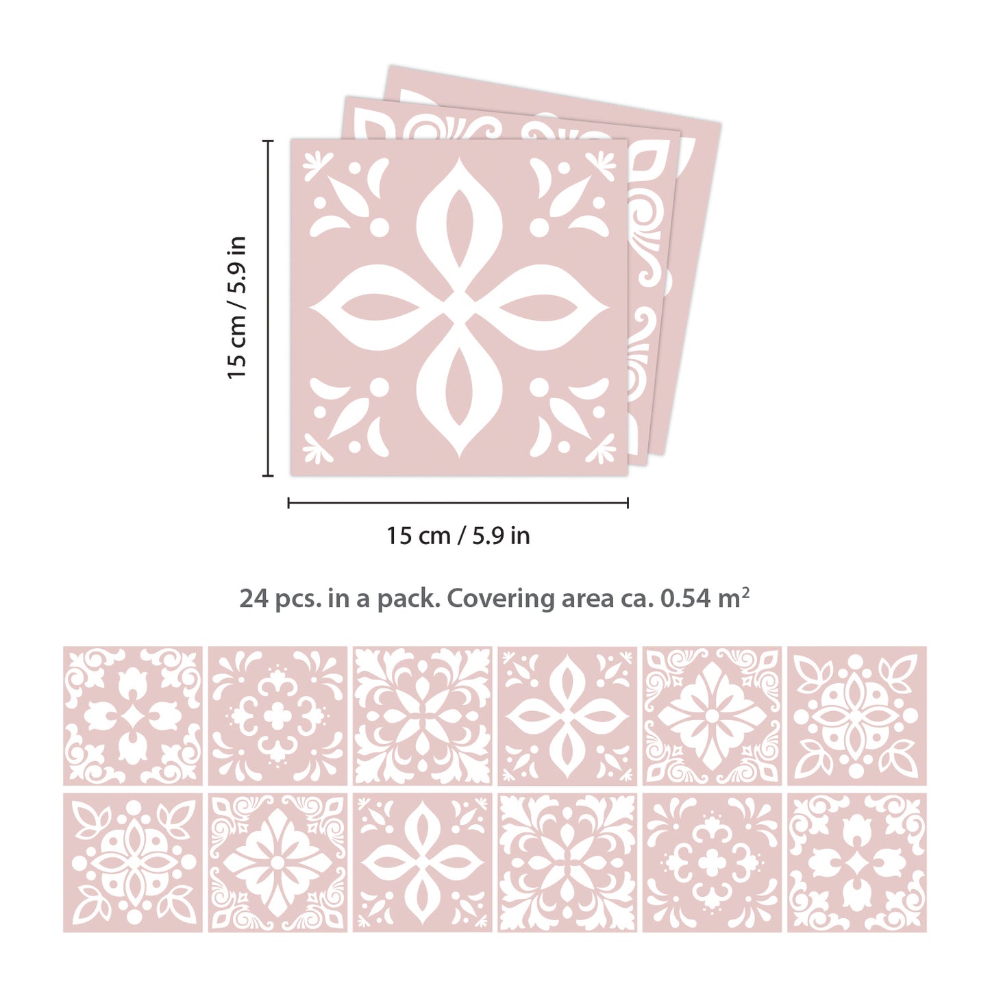 WT1559 - Sevilla Light Pink Spanish Wall Tile Sticker Set - 15 cm x 15 cm - 24 pcs