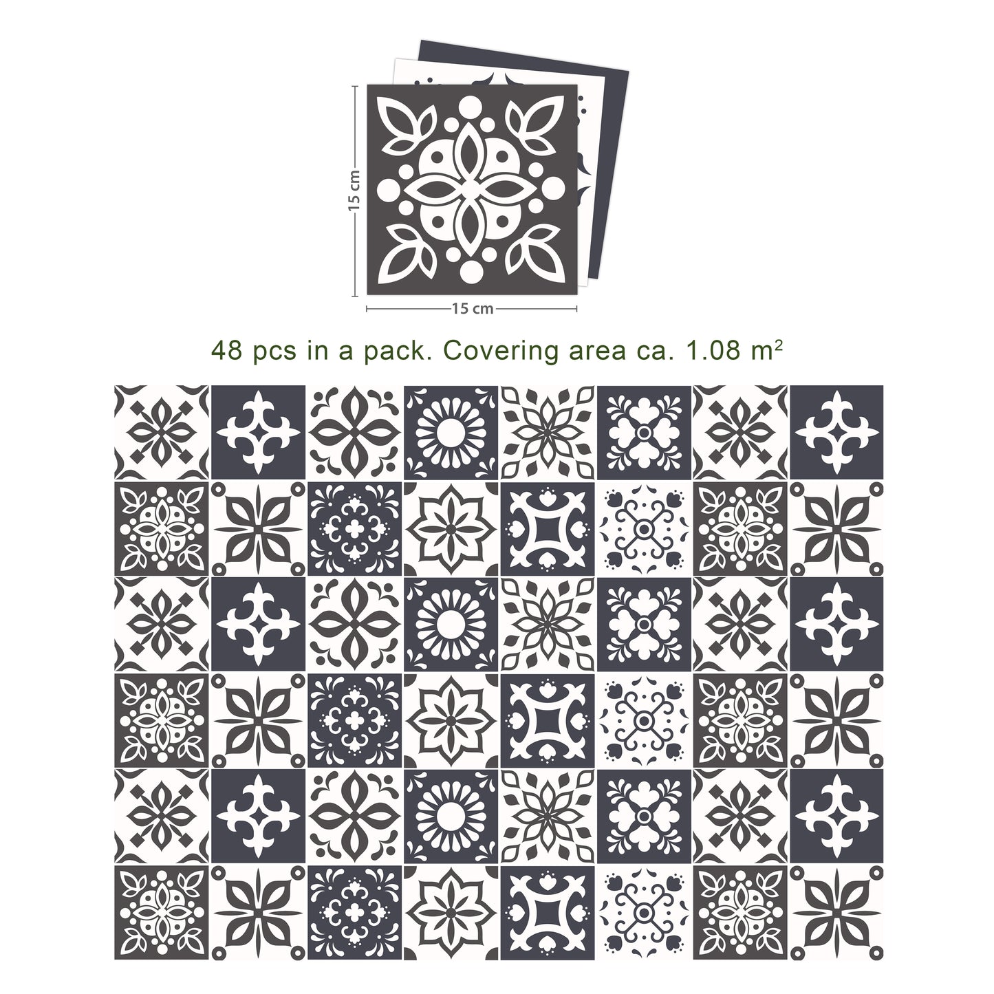 WT1560 - Marjorelle Moroccan Wall Tile Sticker Set - 15 cm x 15 cm - 24 pcs