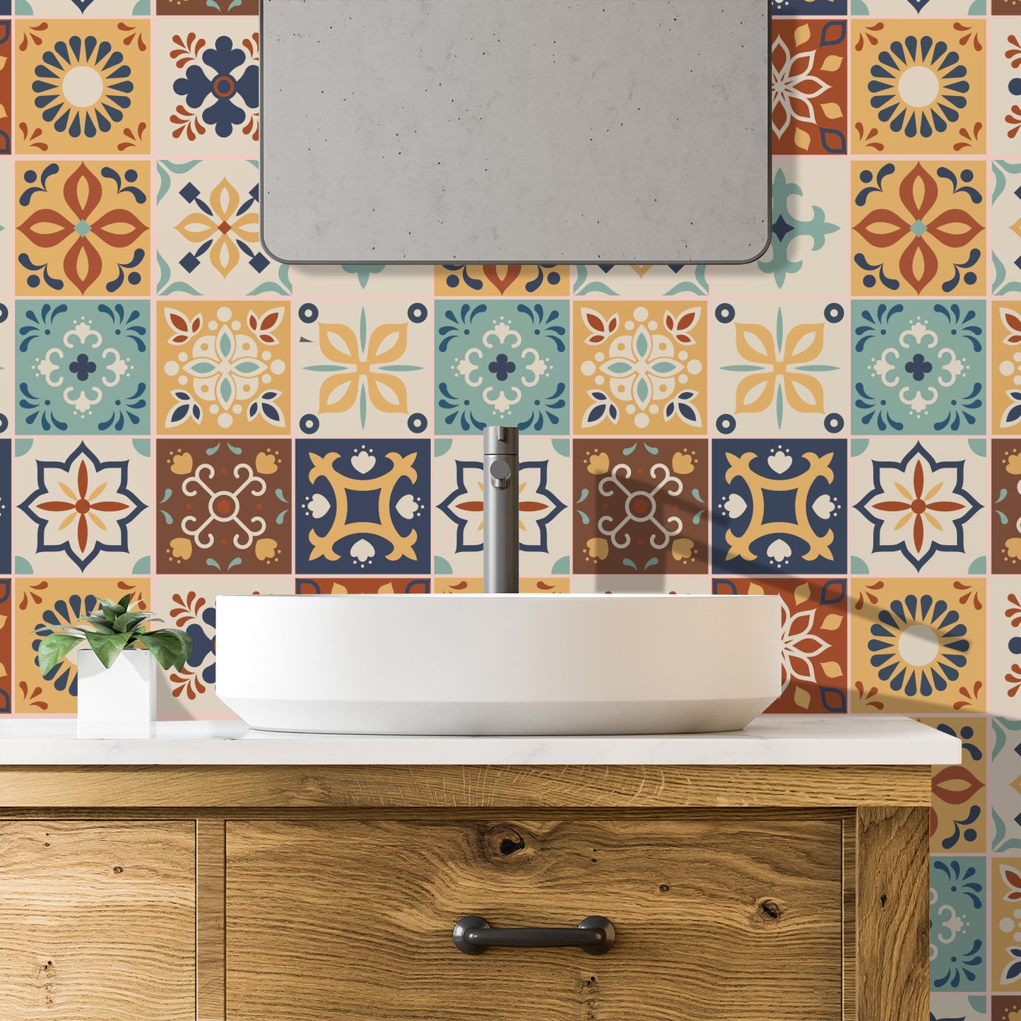 WT1561 - Jama Brown and Blue Moroccan Wall Tile Sticker Set - 15 cm x 15 cm - 24 pcs