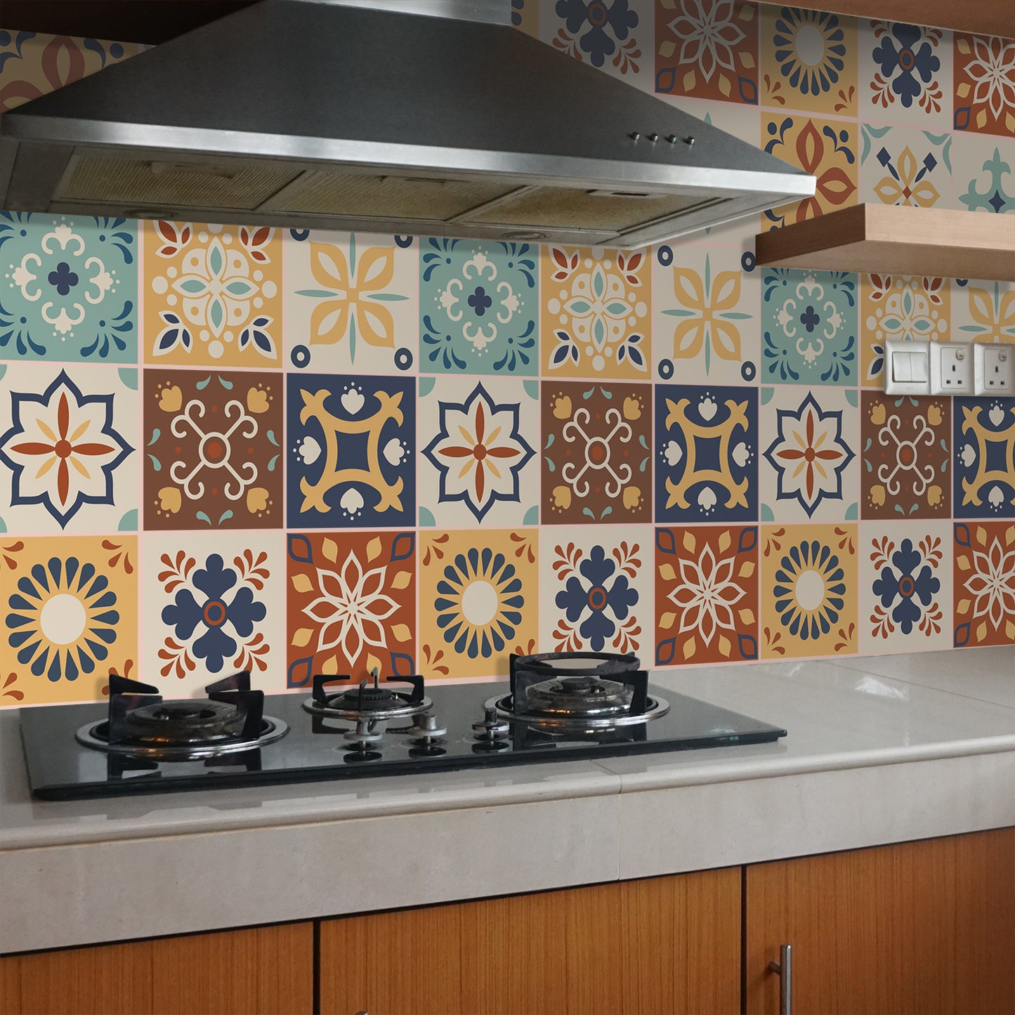 WT1561 - Jama Brown and Blue Moroccan Wall Tile Sticker Set - 15 cm x 15 cm - 24 pcs