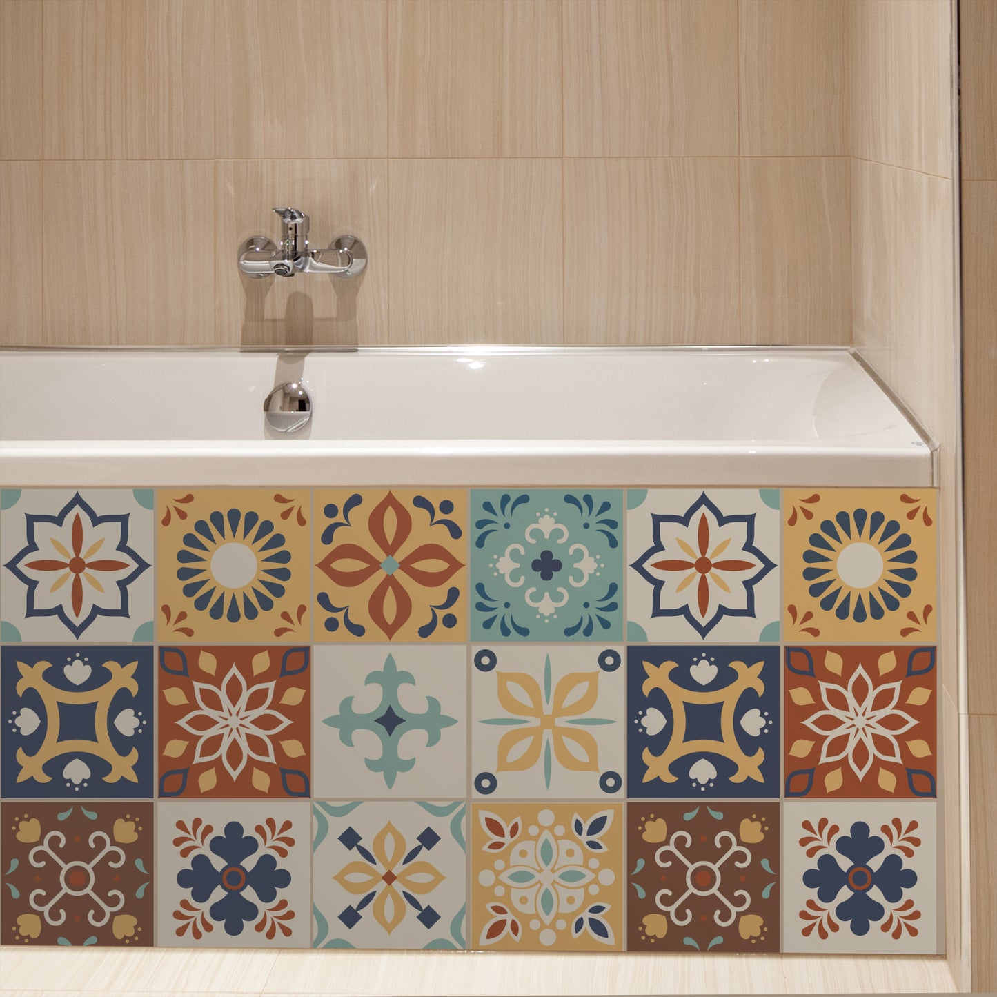 WT1561 - Jama Brown and Blue Moroccan Wall Tile Sticker Set - 15 cm x 15 cm - 24 pcs