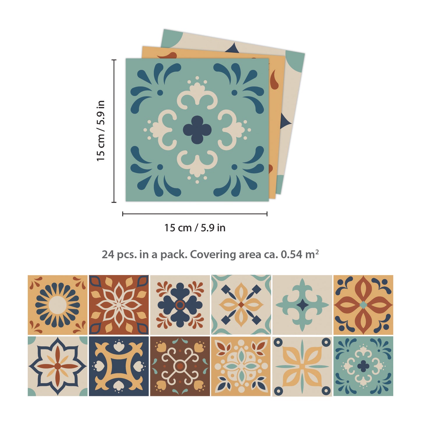 WT1561 - Jama Brown and Blue Moroccan Wall Tile Sticker Set - 15 cm x 15 cm - 24 pcs