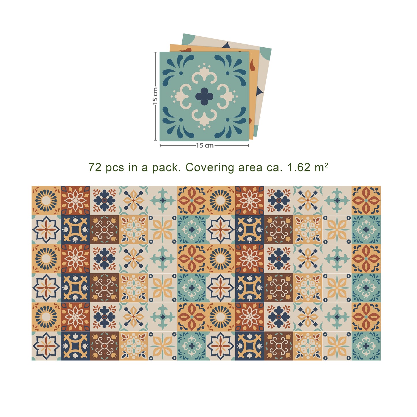 WT1561 - Jama Brown and Blue Moroccan Wall Tile Sticker Set - 15 cm x 15 cm - 24 pcs