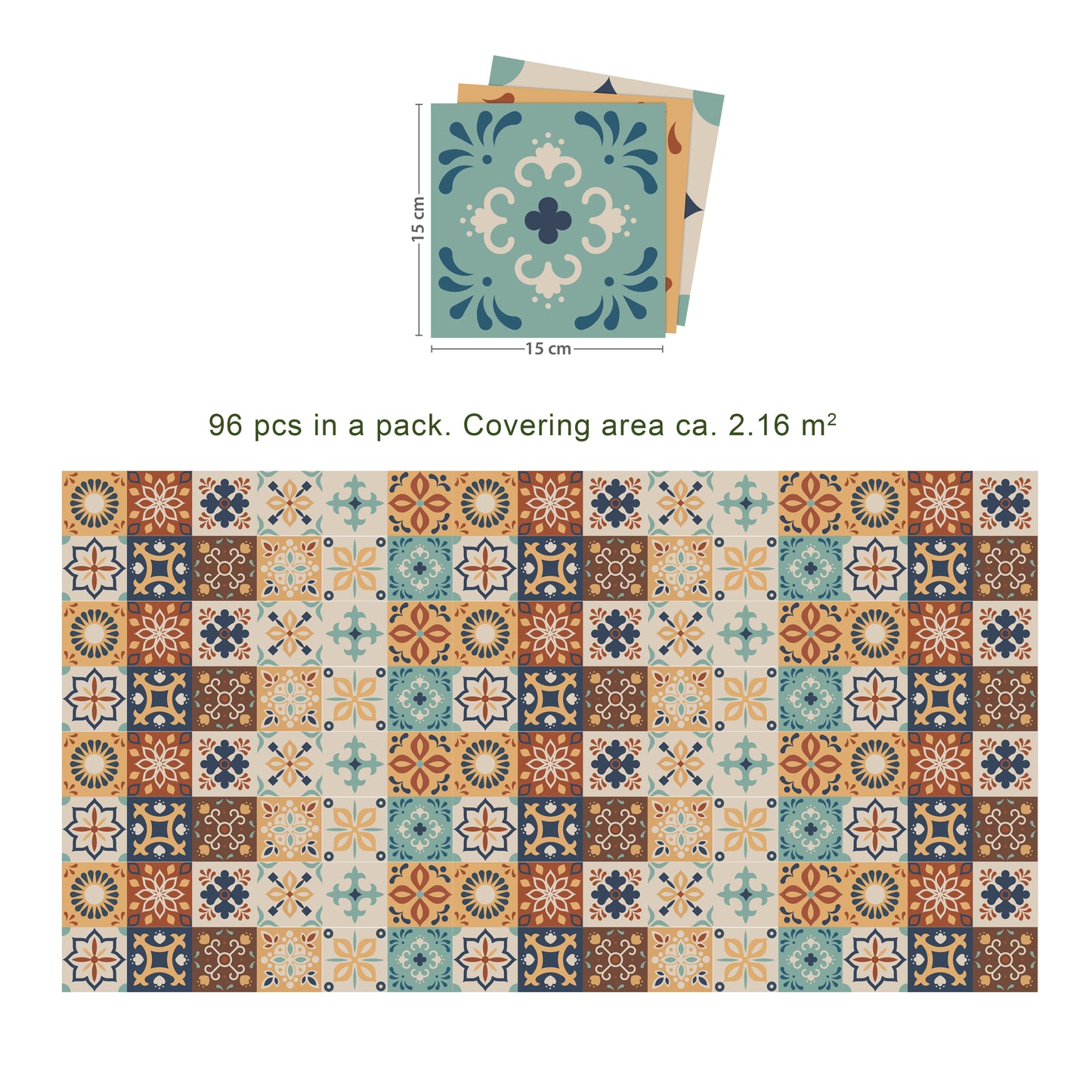 WT1561 - Jama Brown and Blue Moroccan Wall Tile Sticker Set - 15 cm x 15 cm - 24 pcs