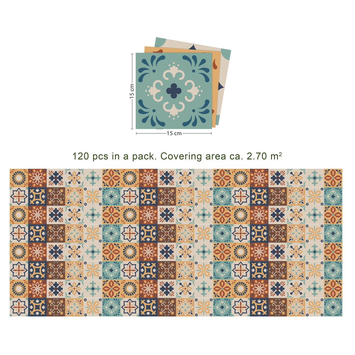 WT1561 - Jama Brown and Blue Moroccan Wall Tile Sticker Set - 15 cm x 15 cm - 24 pcs