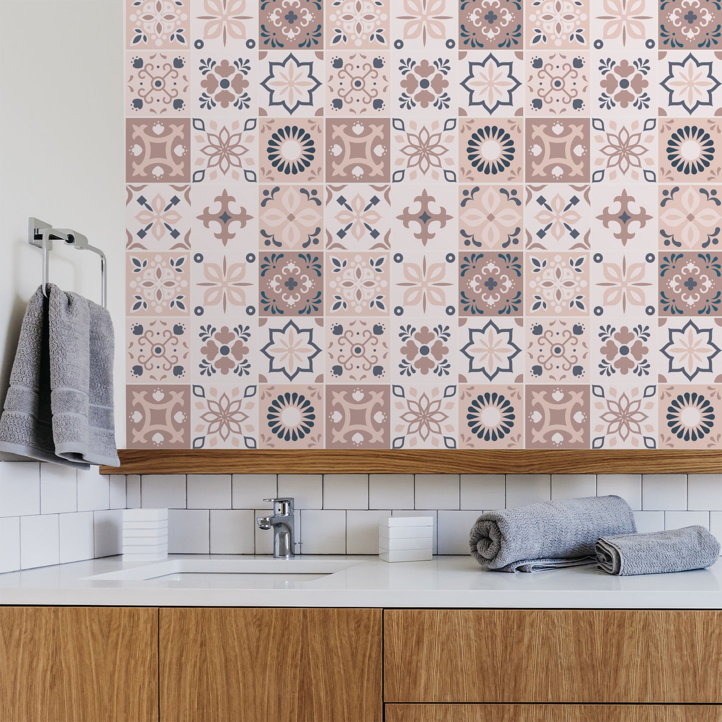 WT1562 - Menara Pink and Grey Cement Moroccan Wall Tile Sticker Set - 15 cm x 15 cm - 24 pcs