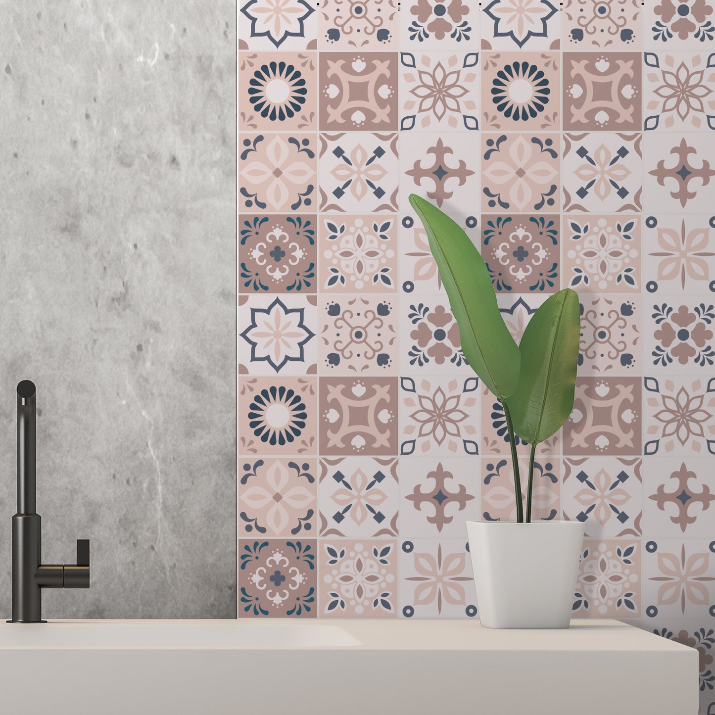 WT1562 - Menara Pink and Grey Cement Moroccan Wall Tile Sticker Set - 15 cm x 15 cm - 24 pcs