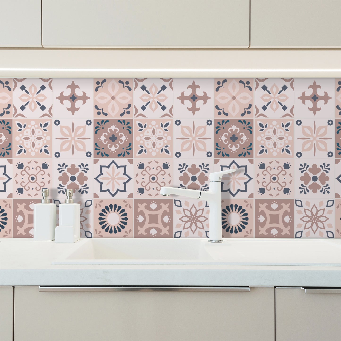WT1562 - Menara Pink and Grey Cement Moroccan Wall Tile Sticker Set - 15 cm x 15 cm - 24 pcs