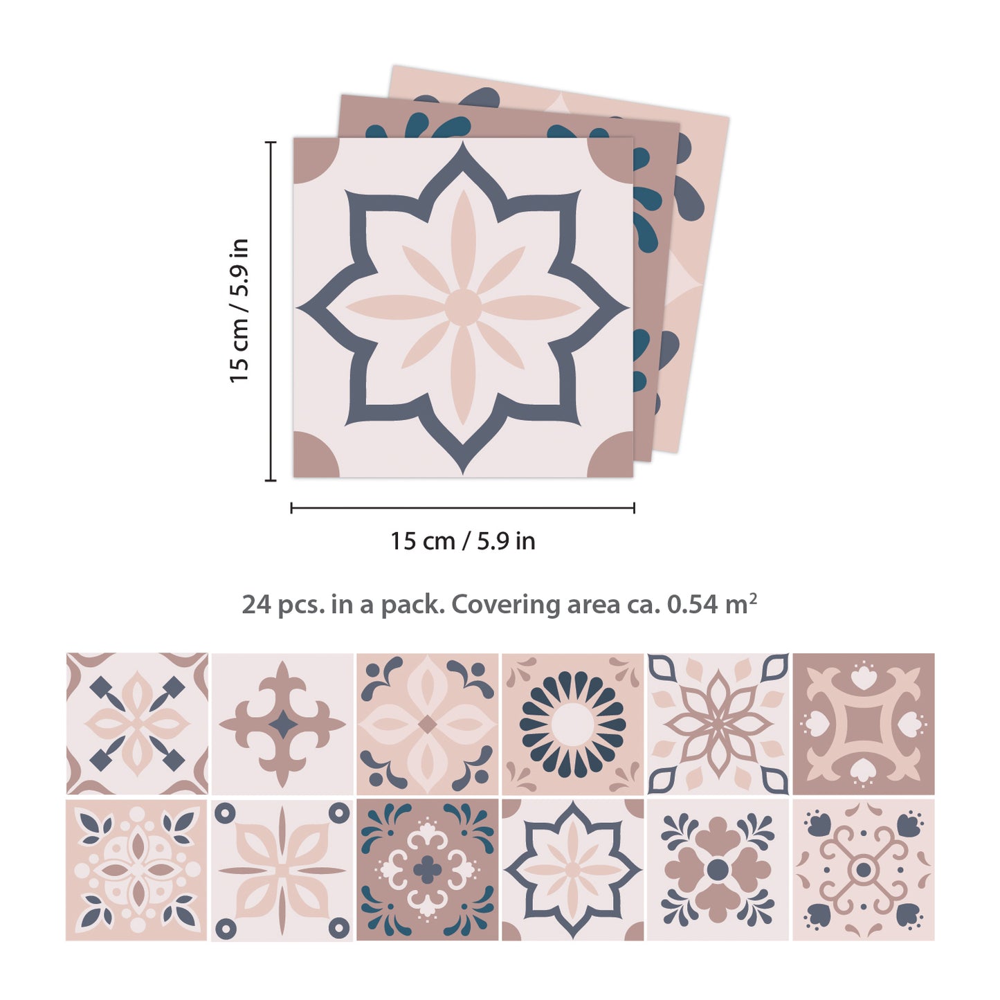 WT1562 - Menara Pink and Grey Cement Moroccan Wall Tile Sticker Set - 15 cm x 15 cm - 24 pcs