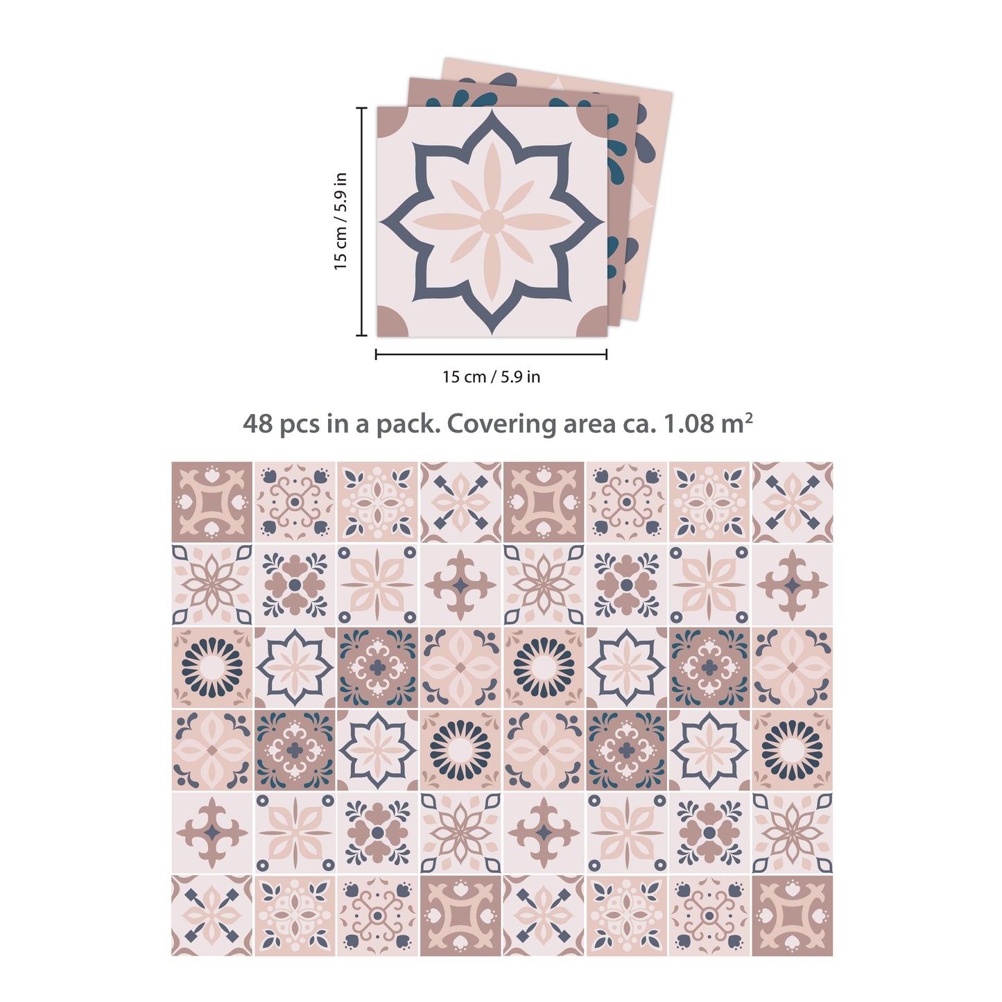 WT1562 - Menara Pink and Grey Cement Moroccan Wall Tile Sticker Set - 15 cm x 15 cm - 24 pcs