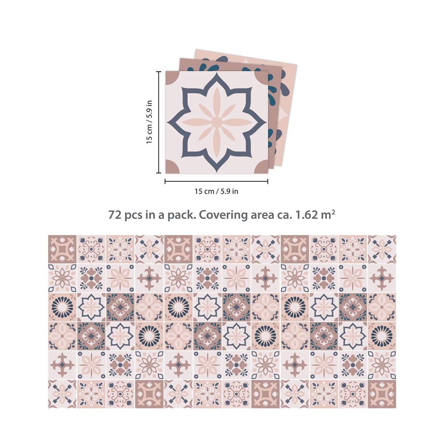 WT1562 - Menara Pink and Grey Cement Moroccan Wall Tile Sticker Set - 15 cm x 15 cm - 24 pcs