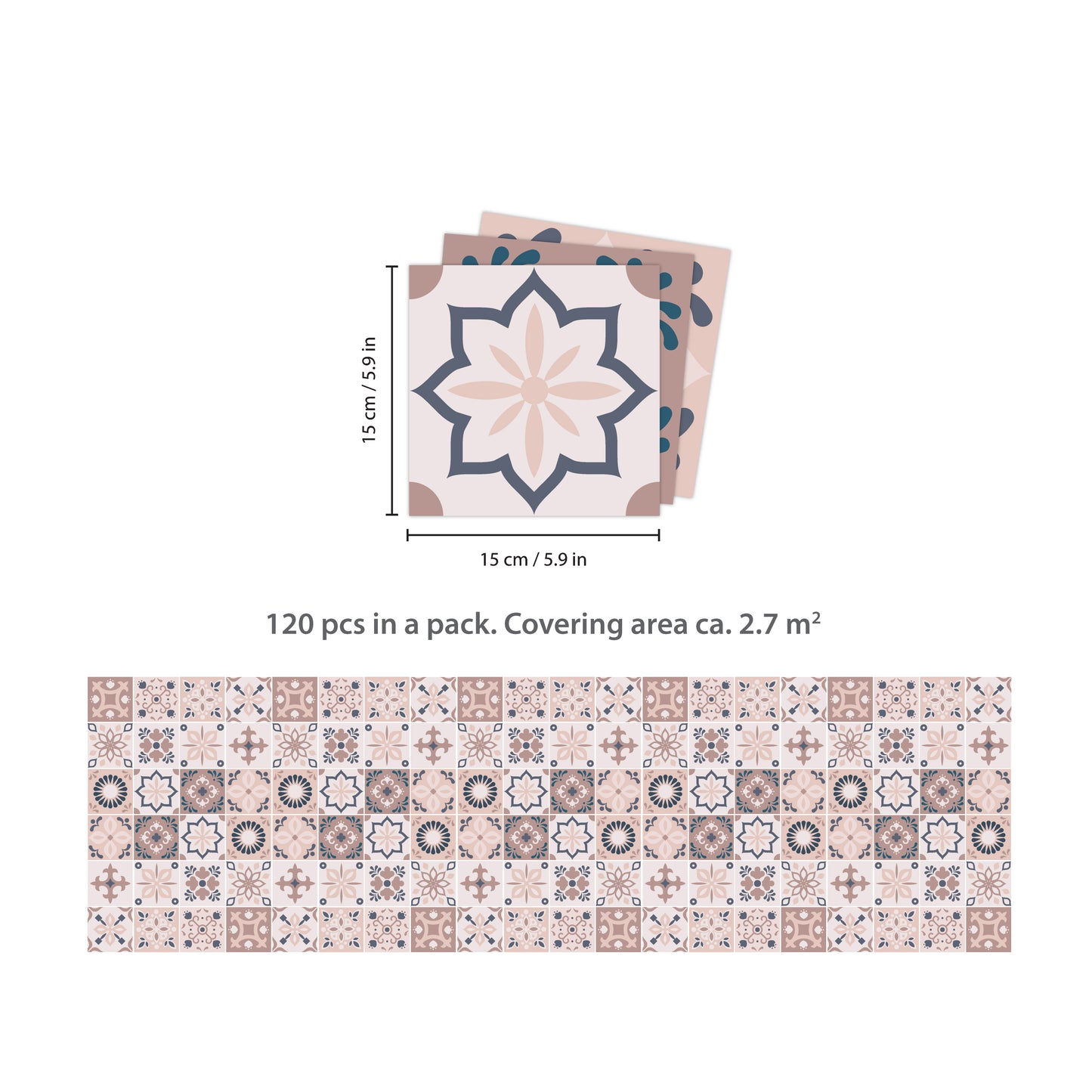 WT1562 - Menara Pink and Grey Cement Moroccan Wall Tile Sticker Set - 15 cm x 15 cm - 24 pcs