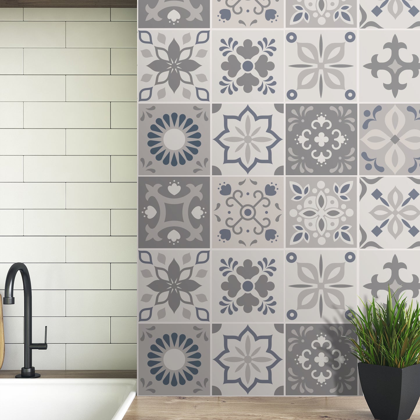 WT1563 - Palace Light Grey Moroccan Wall Tile Sticker Set - 15 cm x 15 cm - 24 pcs