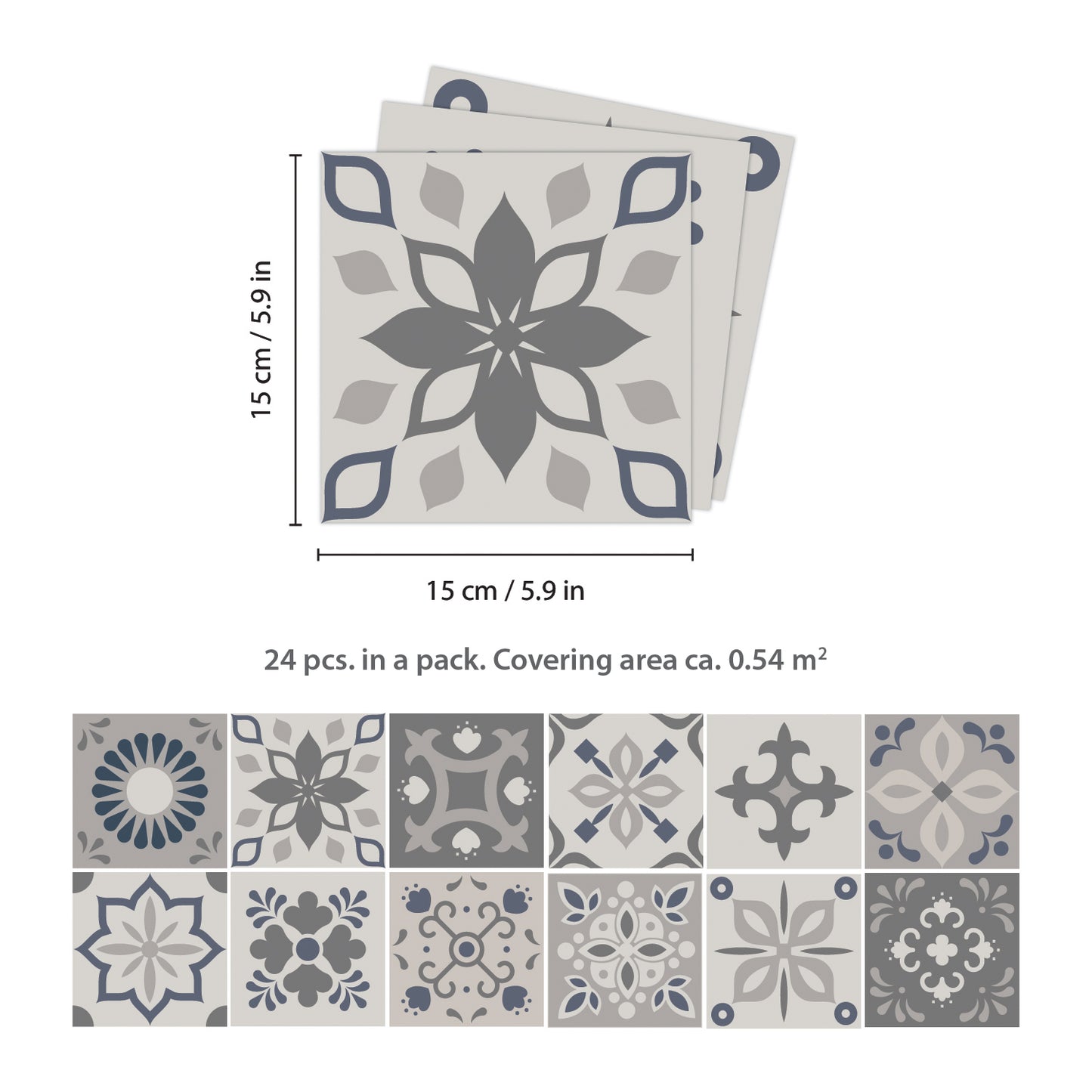 WT1563 - Palace Light Grey Moroccan Wall Tile Sticker Set - 15 cm x 15 cm - 24 pcs