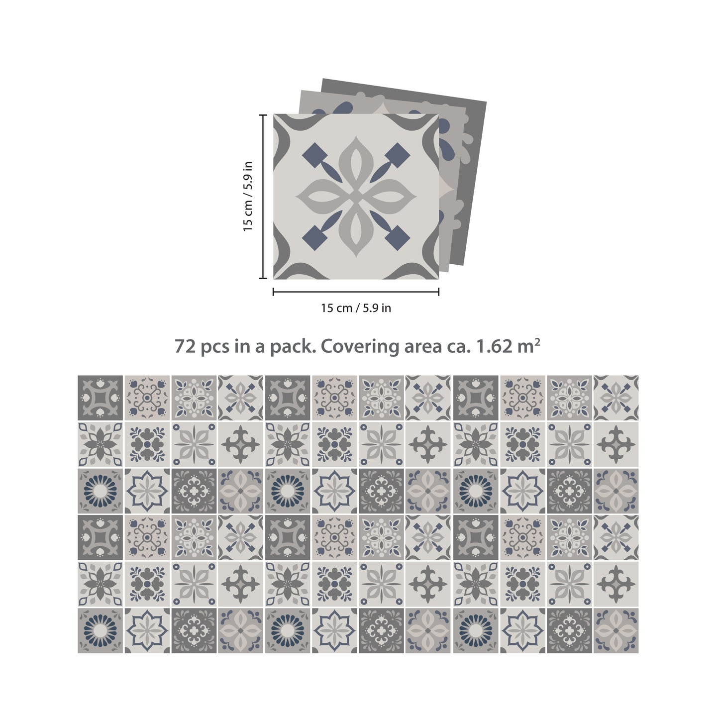 WT1563 - Palace Light Grey Moroccan Wall Tile Sticker Set - 15 cm x 15 cm - 24 pcs