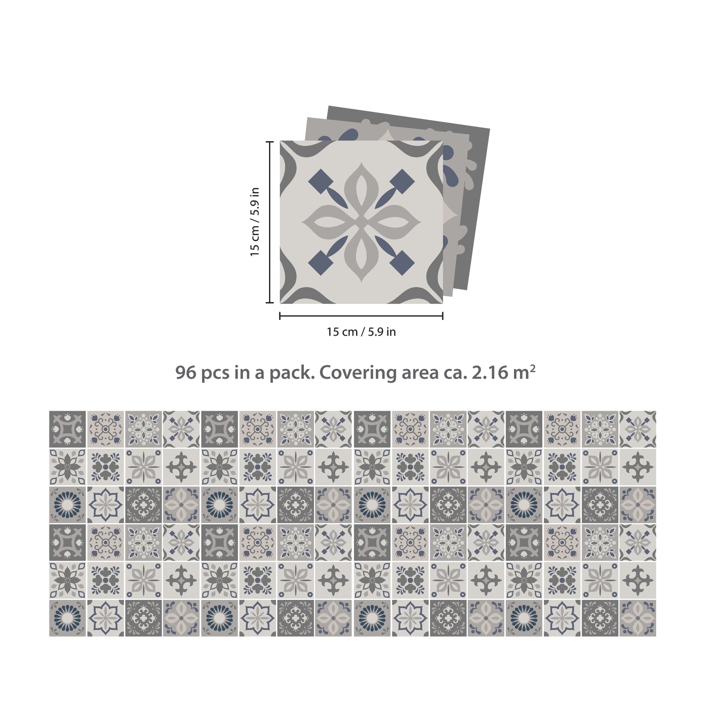 WT1563 - Palace Light Grey Moroccan Wall Tile Sticker Set - 15 cm x 15 cm - 24 pcs