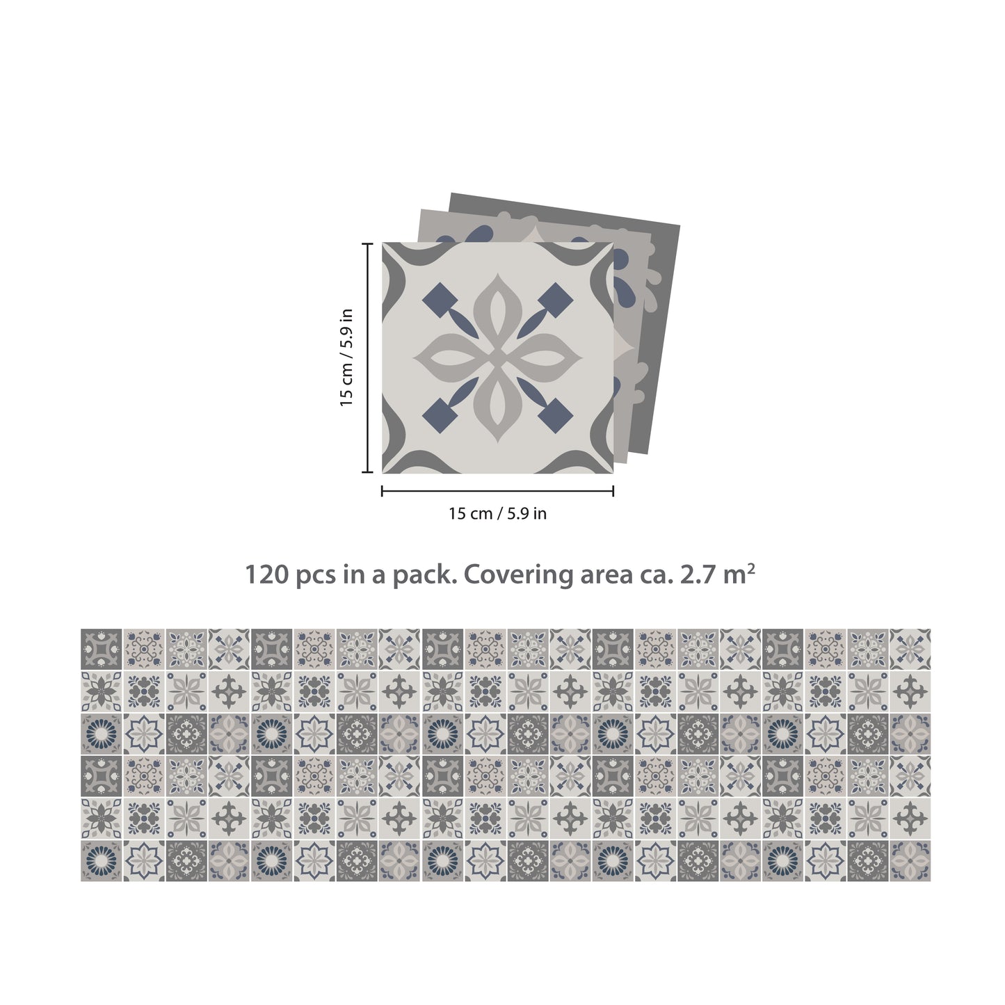 WT1563 - Palace Light Grey Moroccan Wall Tile Sticker Set - 15 cm x 15 cm - 24 pcs