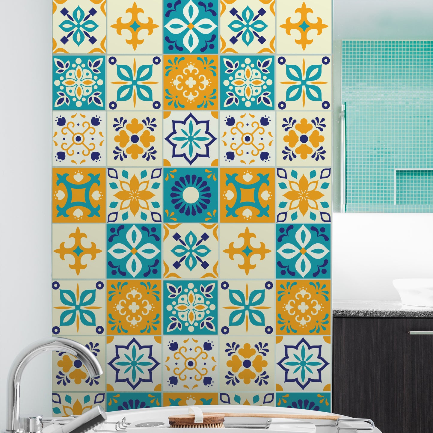 WT1565 - Temara Yellow and Blue Moroccan Wall Tile Sticker Set - 15 cm x 15 cm - 24 pcs