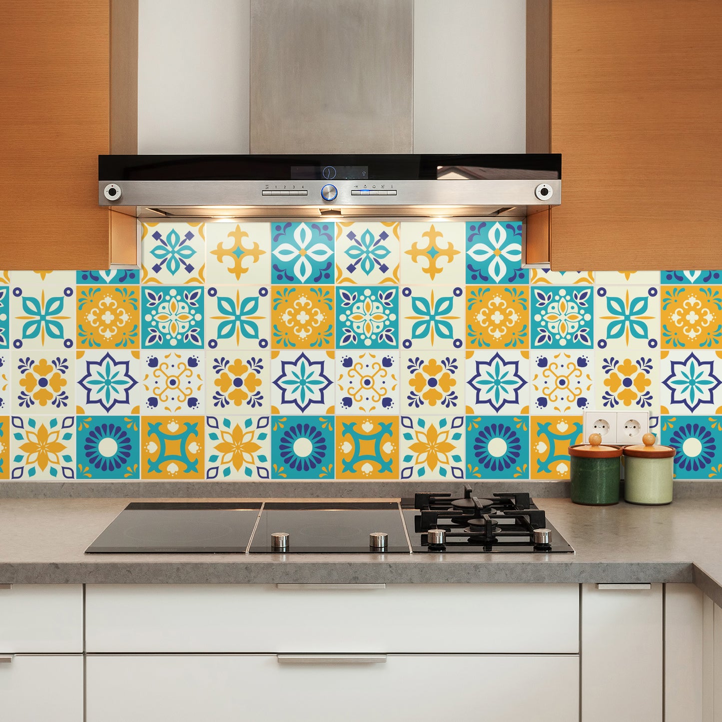 WT1565 - Temara Yellow and Blue Moroccan Wall Tile Sticker Set - 15 cm x 15 cm - 24 pcs