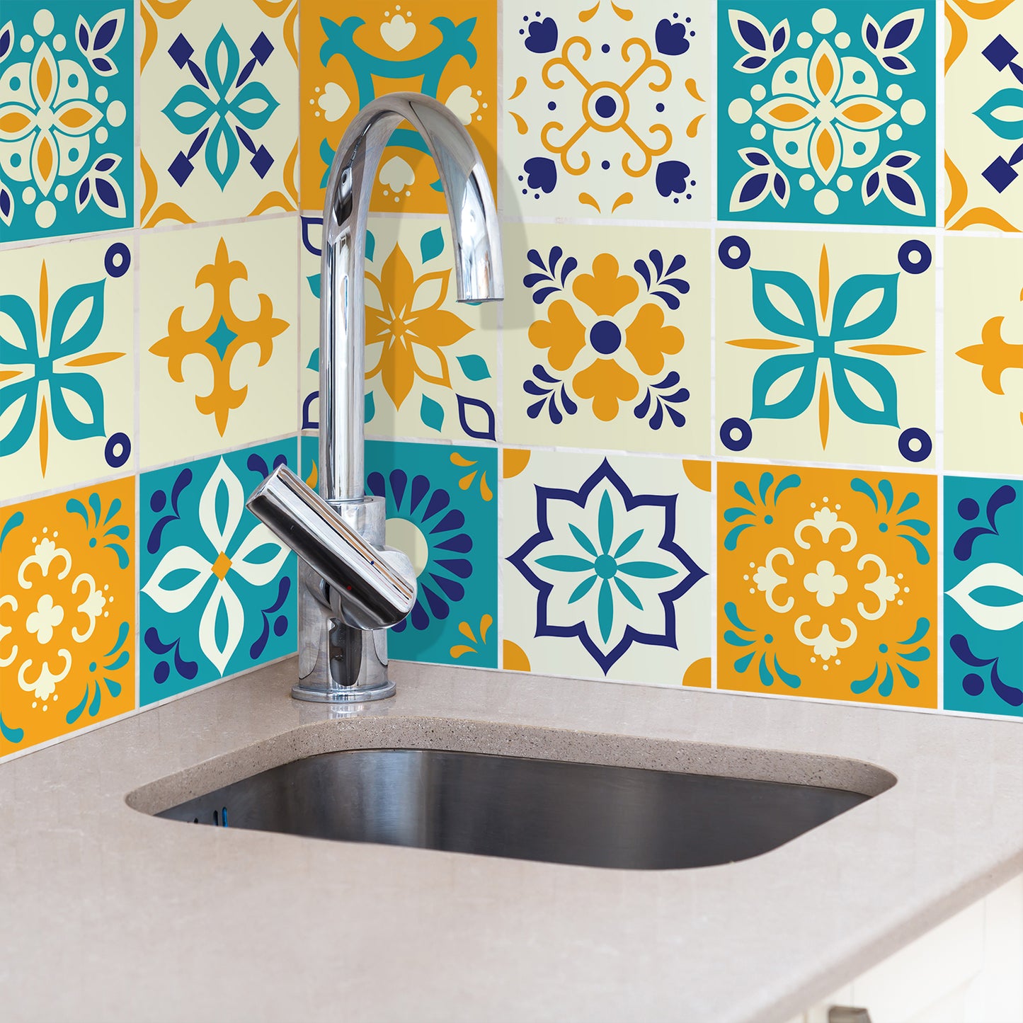 WT1565 - Temara Yellow and Blue Moroccan Wall Tile Sticker Set - 15 cm x 15 cm - 24 pcs