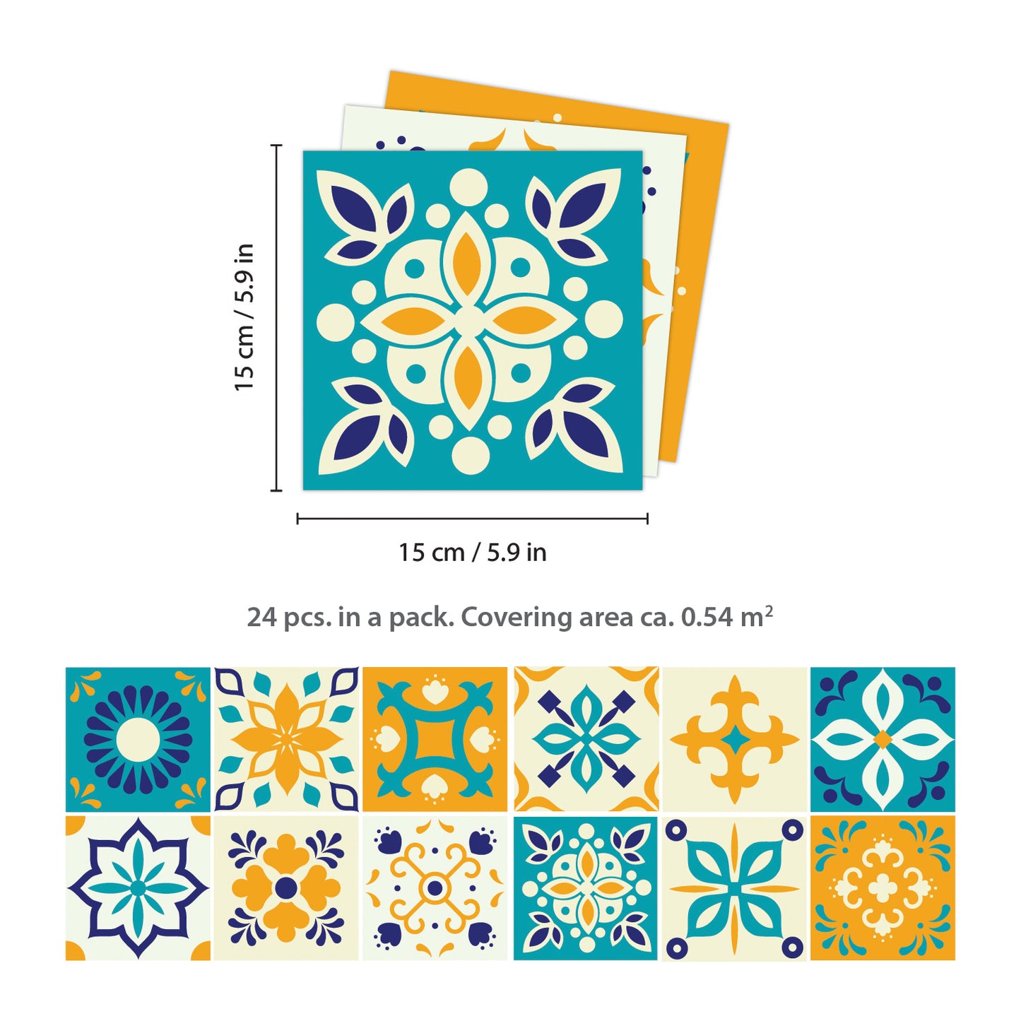 WT1565 - Temara Yellow and Blue Moroccan Wall Tile Sticker Set - 15 cm x 15 cm - 24 pcs