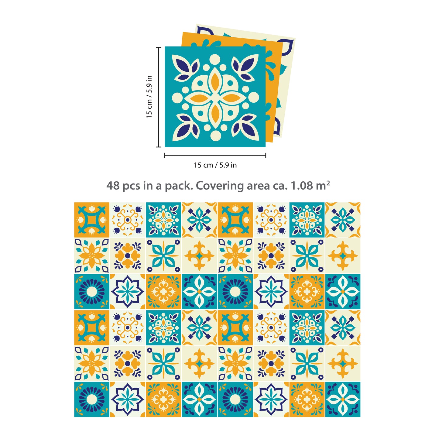 WT1565 - Temara Yellow and Blue Moroccan Wall Tile Sticker Set - 15 cm x 15 cm - 24 pcs