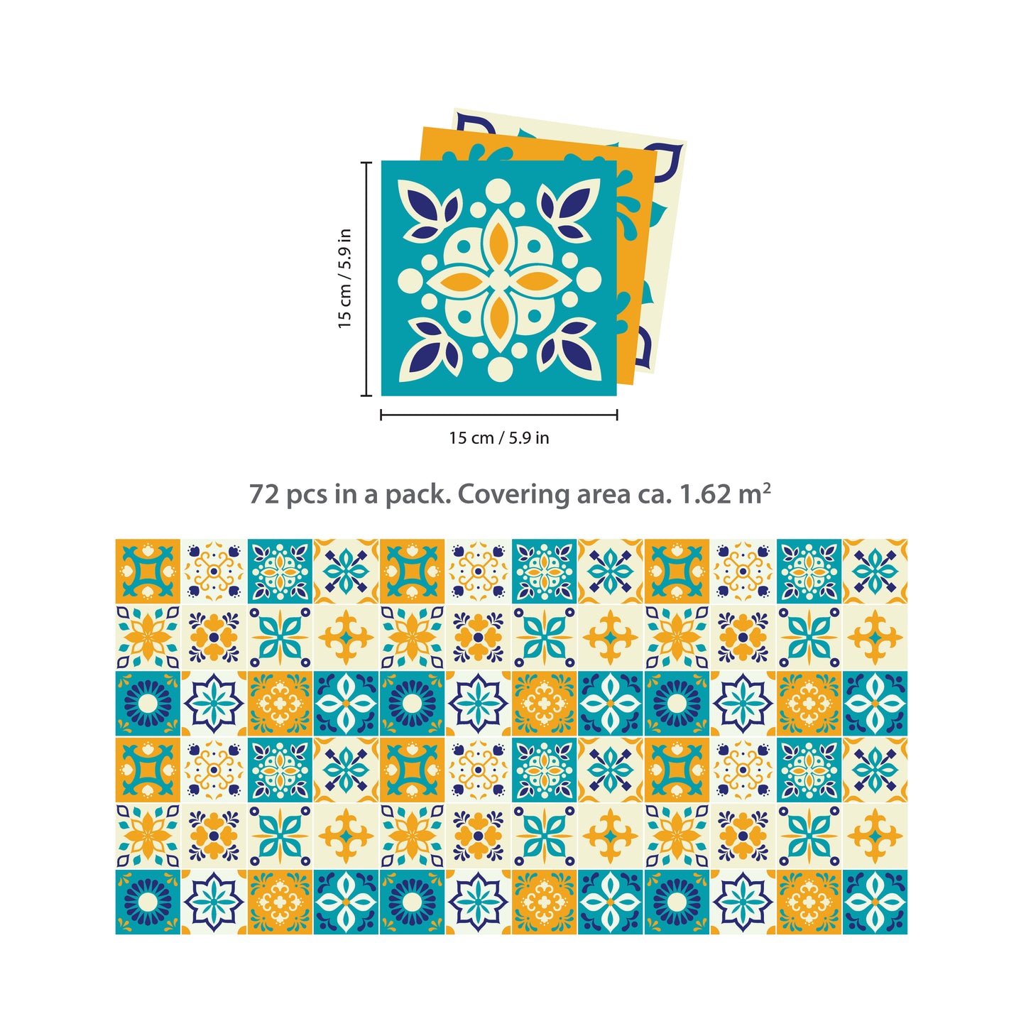 WT1565 - Temara Yellow and Blue Moroccan Wall Tile Sticker Set - 15 cm x 15 cm - 24 pcs