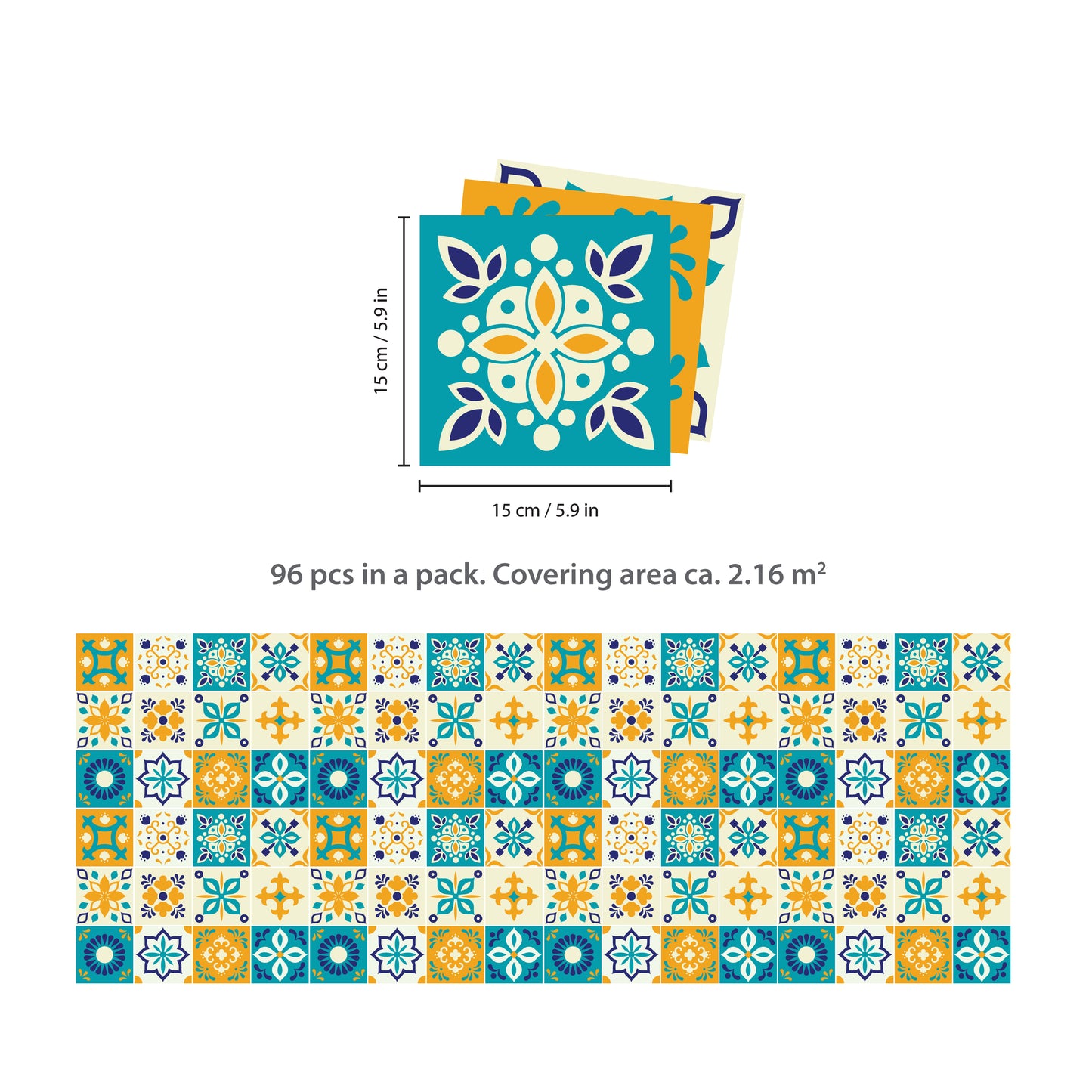 WT1565 - Temara Yellow and Blue Moroccan Wall Tile Sticker Set - 15 cm x 15 cm - 24 pcs