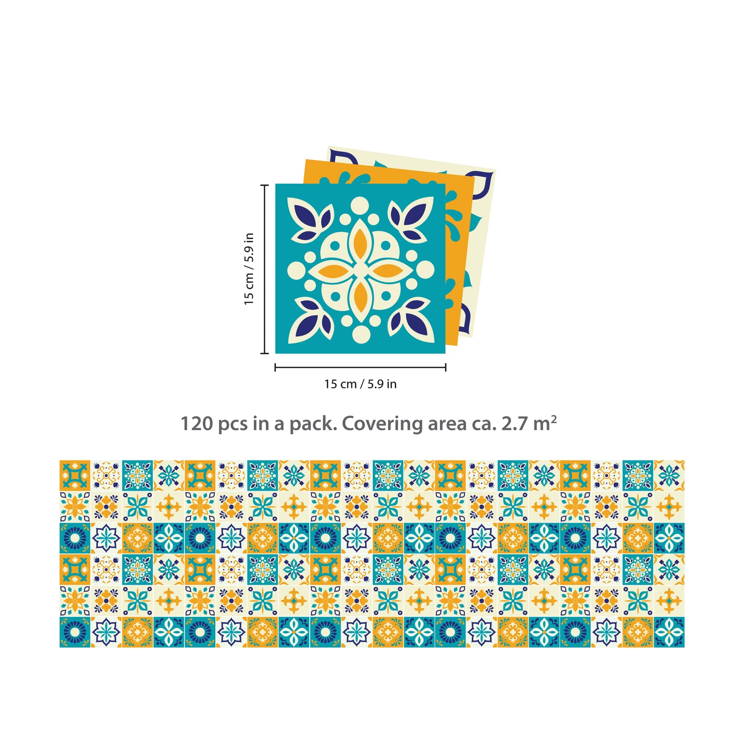 WT1565 - Temara Yellow and Blue Moroccan Wall Tile Sticker Set - 15 cm x 15 cm - 24 pcs