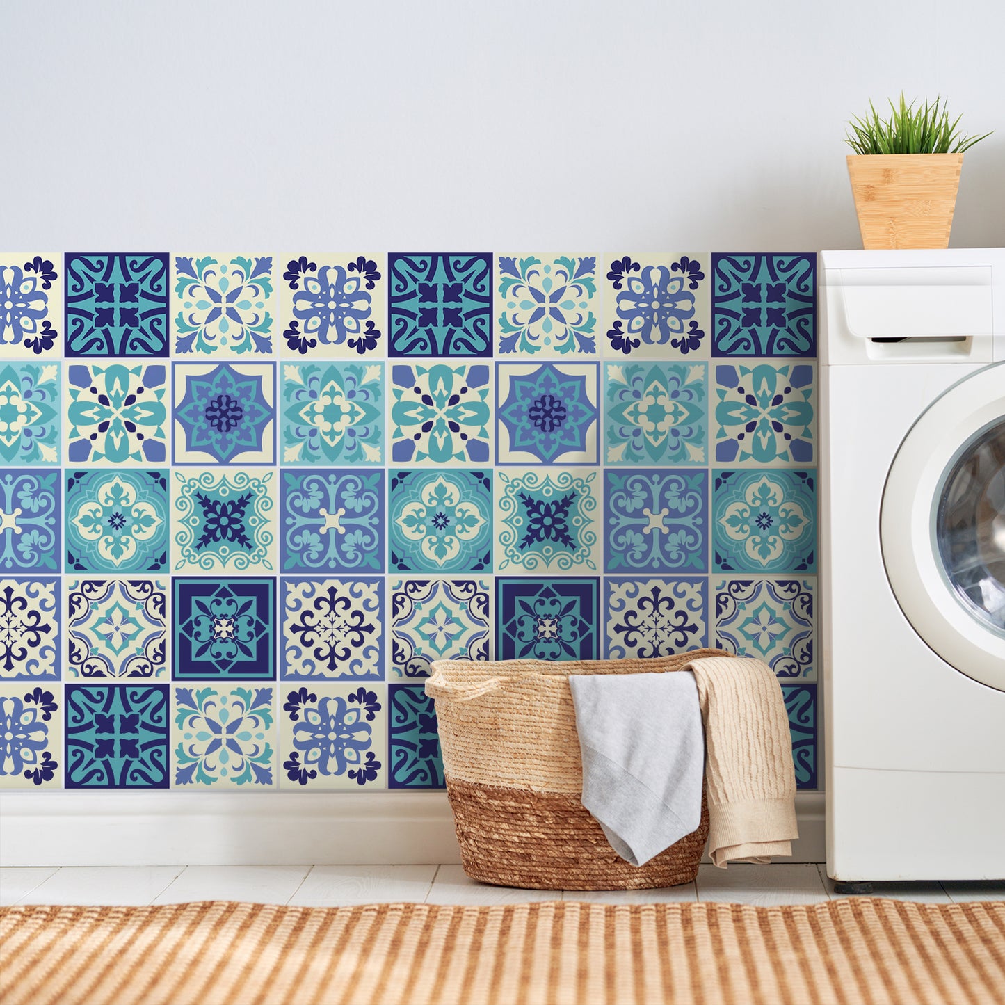 WT1567 - Daliah Blue and Turquoise Mediterranean Wall Tile Sticker Set - 15 cm x 15 cm - 24 pcs