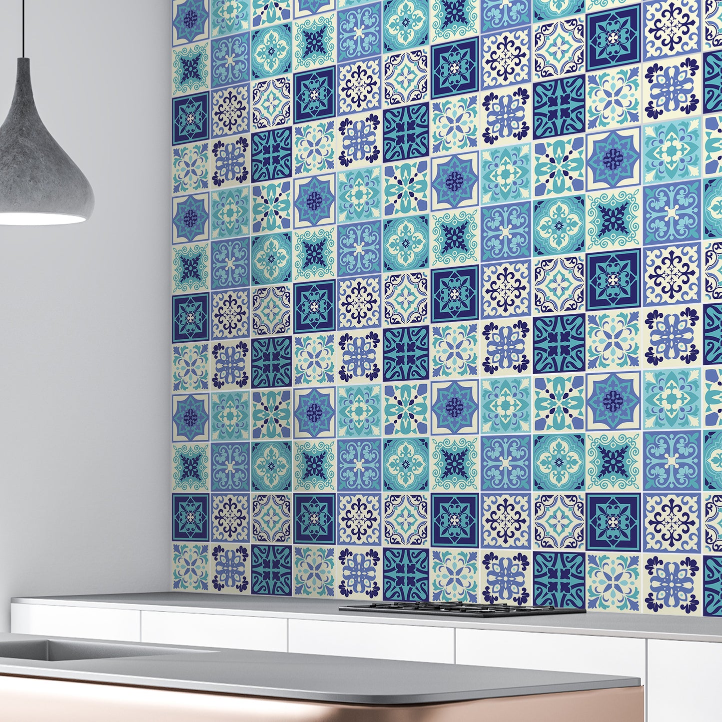 WT1567 - Daliah Blue and Turquoise Mediterranean Wall Tile Sticker Set - 15 cm x 15 cm - 24 pcs