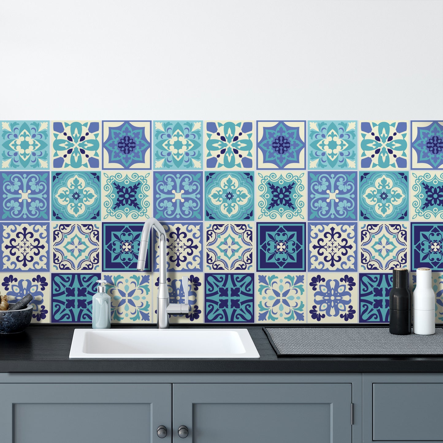 WT1567 - Daliah Blue and Turquoise Mediterranean Wall Tile Sticker Set - 15 cm x 15 cm - 24 pcs
