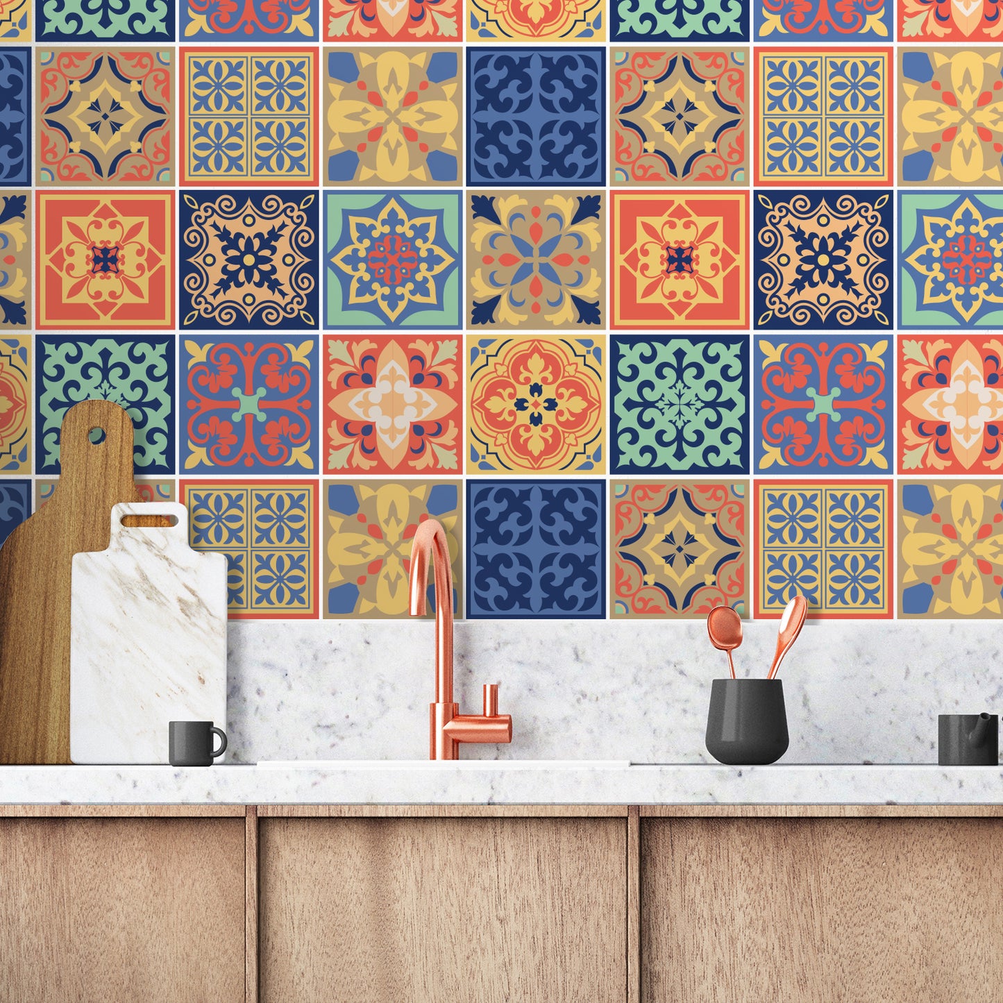 WT1568 - Mara Colourful Mix Mediterranean Wall Tile Sticker Set - 15 cm x 15 cm - 24 pcs