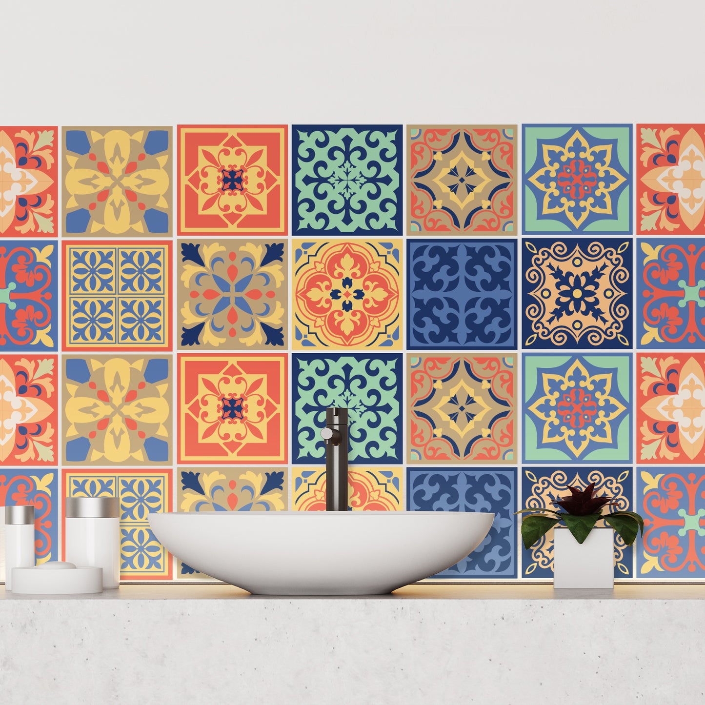 WT1568 - Mara Colourful Mix Mediterranean Wall Tile Sticker Set - 15 cm x 15 cm - 24 pcs