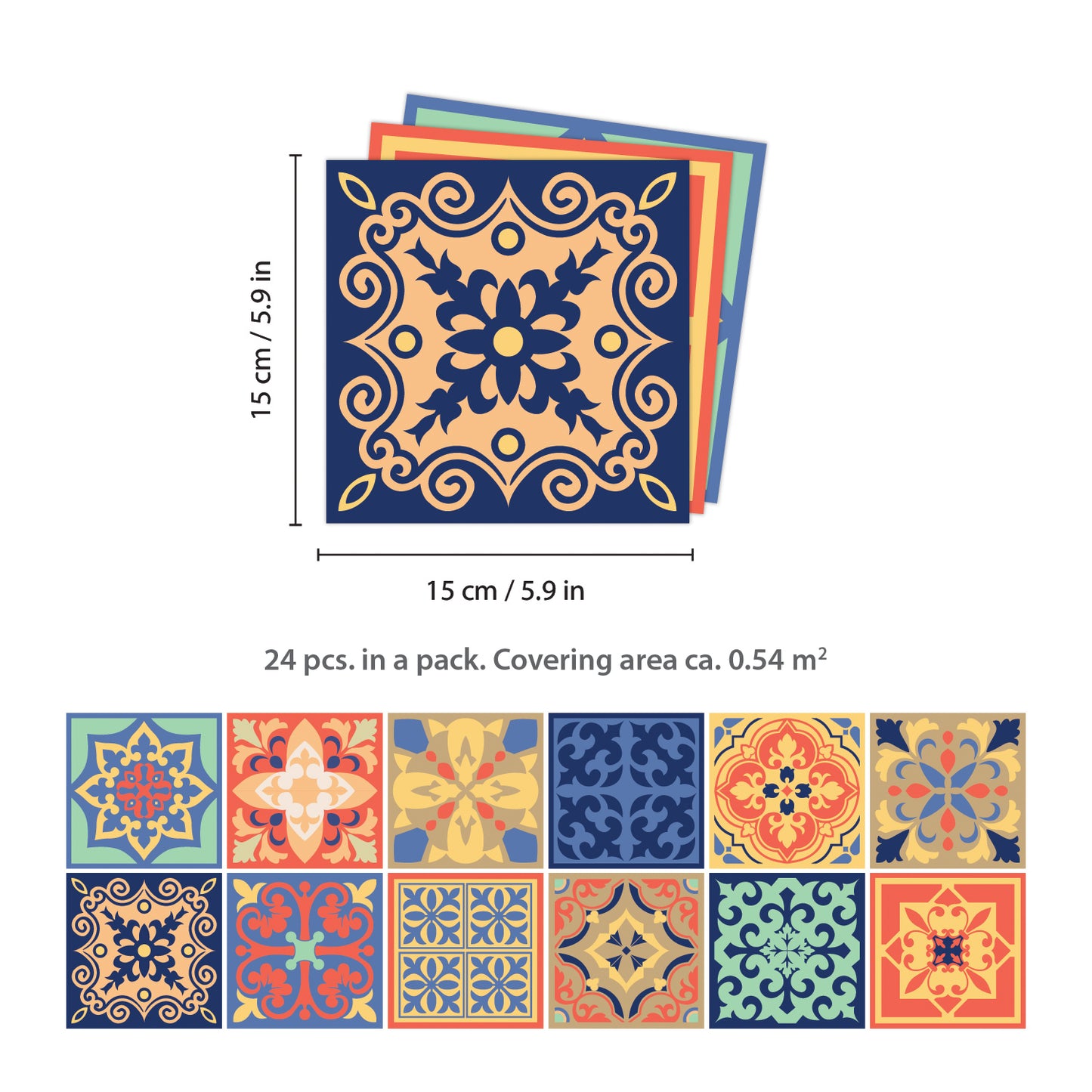 WT1568 - Mara Colourful Mix Mediterranean Wall Tile Sticker Set - 15 cm x 15 cm - 24 pcs