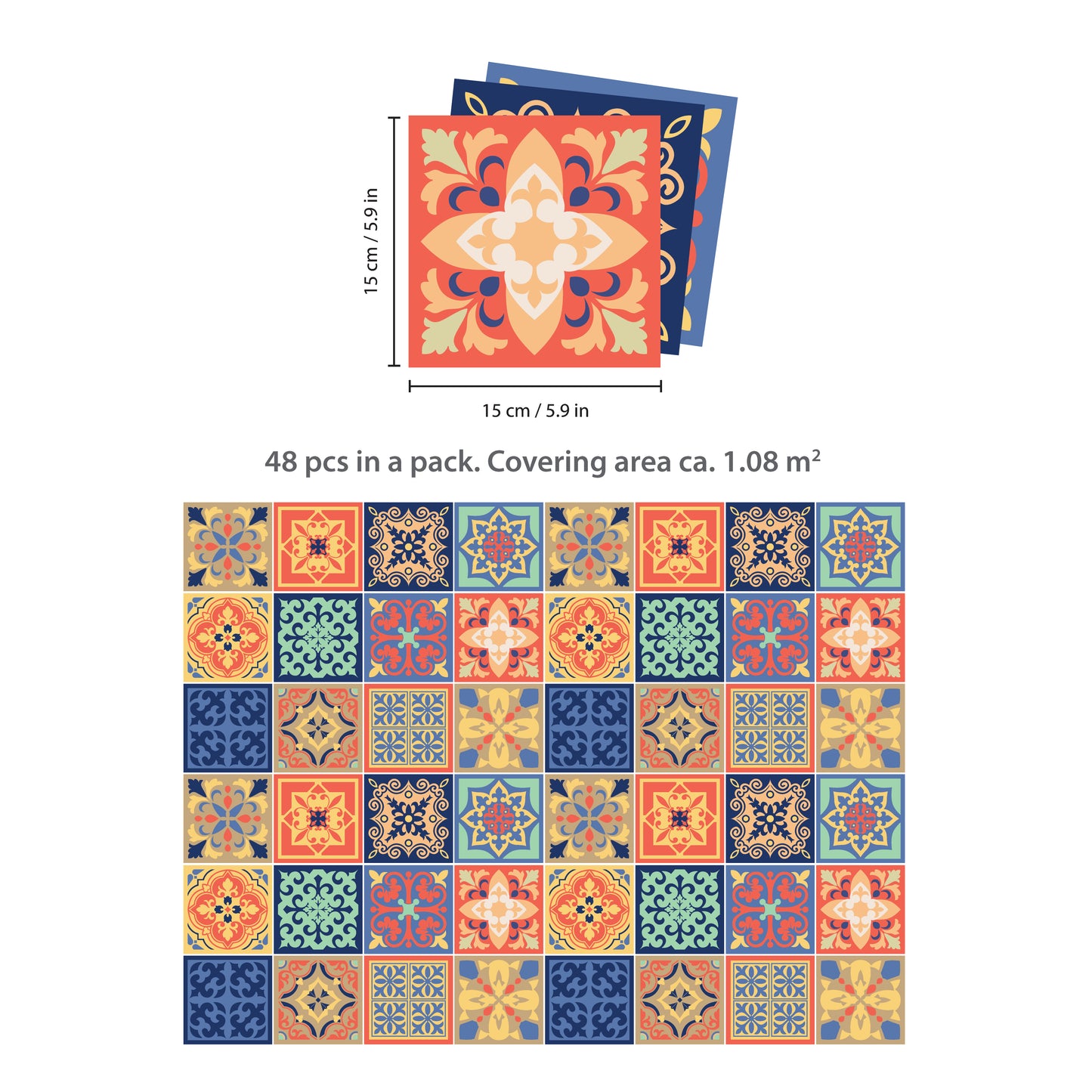WT1568 - Mara Colourful Mix Mediterranean Wall Tile Sticker Set - 15 cm x 15 cm - 24 pcs