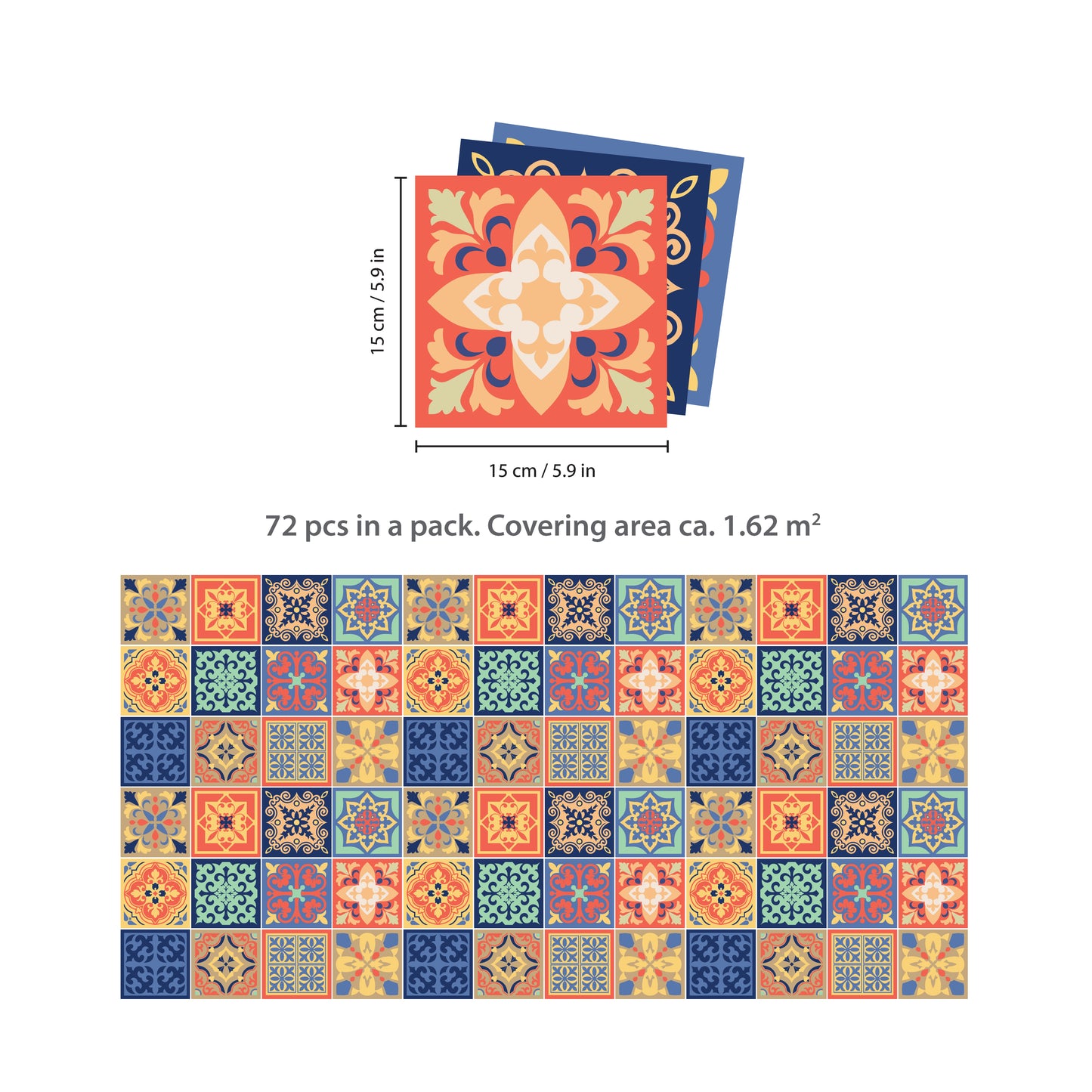 WT1568 - Mara Colourful Mix Mediterranean Wall Tile Sticker Set - 15 cm x 15 cm - 24 pcs