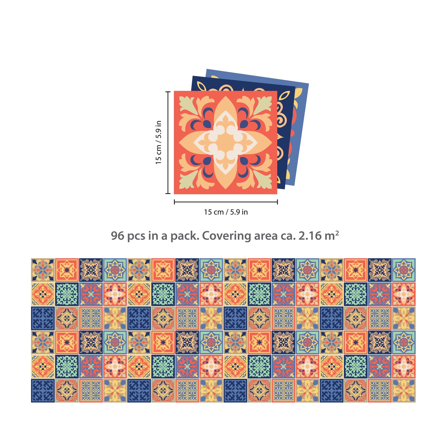 WT1568 - Mara Colourful Mix Mediterranean Wall Tile Sticker Set - 15 cm x 15 cm - 24 pcs